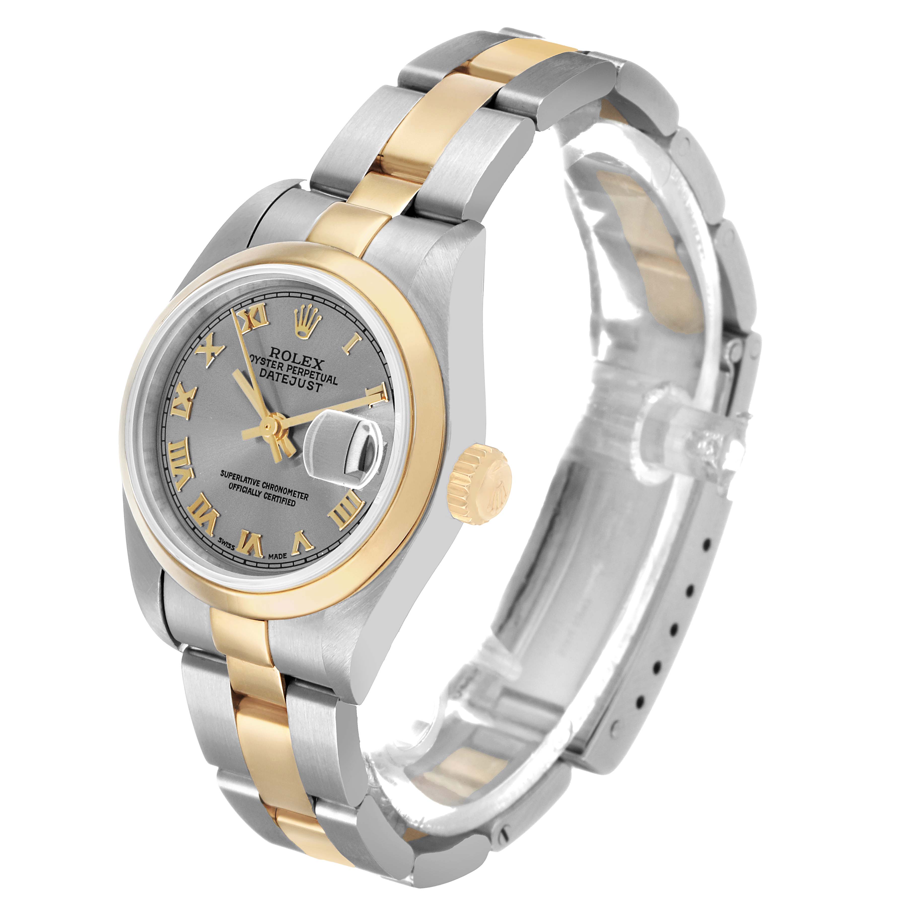 The Rolex Datejust 79163 Women's Steel and Gold (two tone) Silver Dial watch is shown at an angle, displaying the dial, bezel, crown, and part of the bracelet.