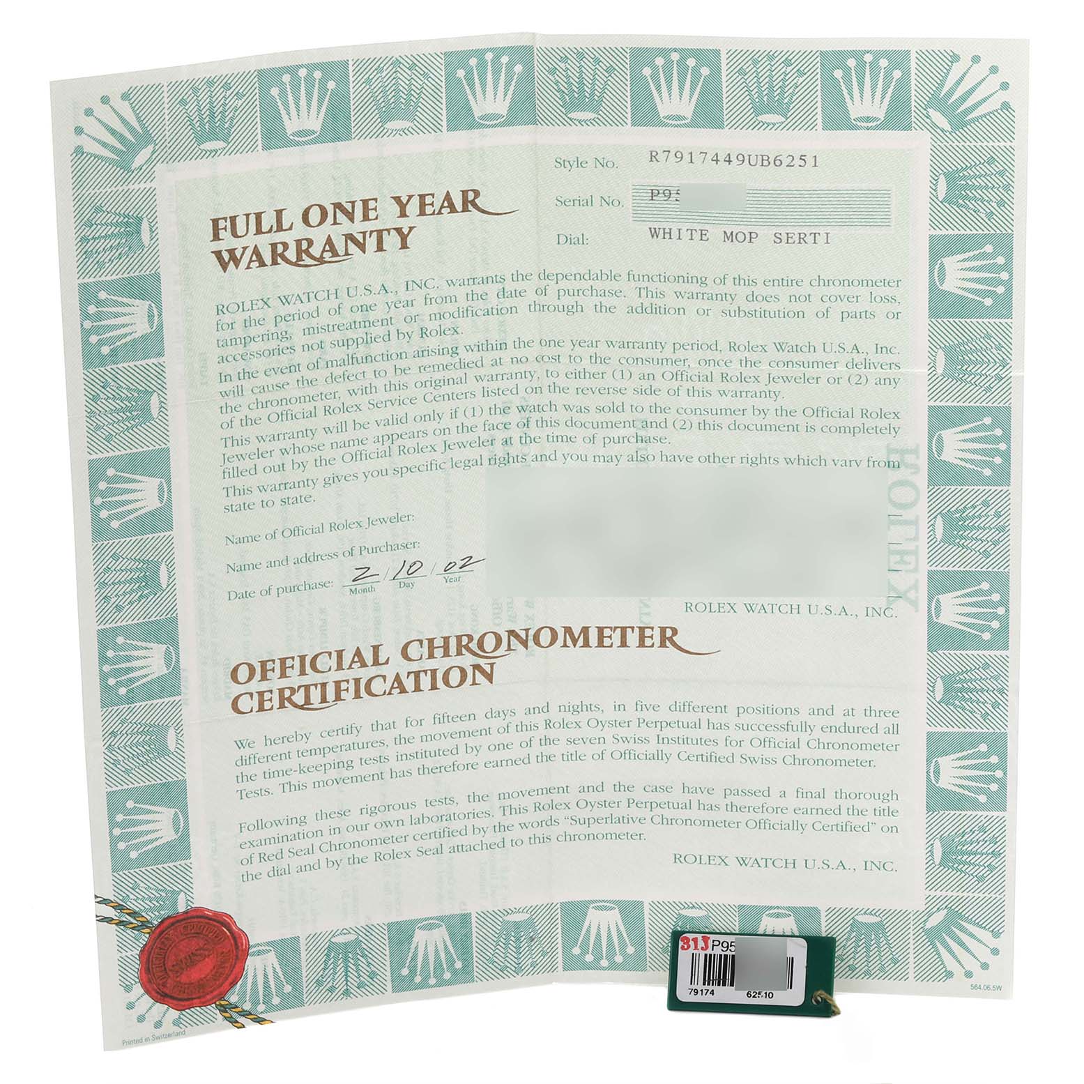 The image depicts a Rolex Datejust 79174 Women's Stainless Steel Mother of Pearl Dial 79174 Women's Stainless Steel Mother of Pearl Dial warranty certificate, showing text details and a certification seal.