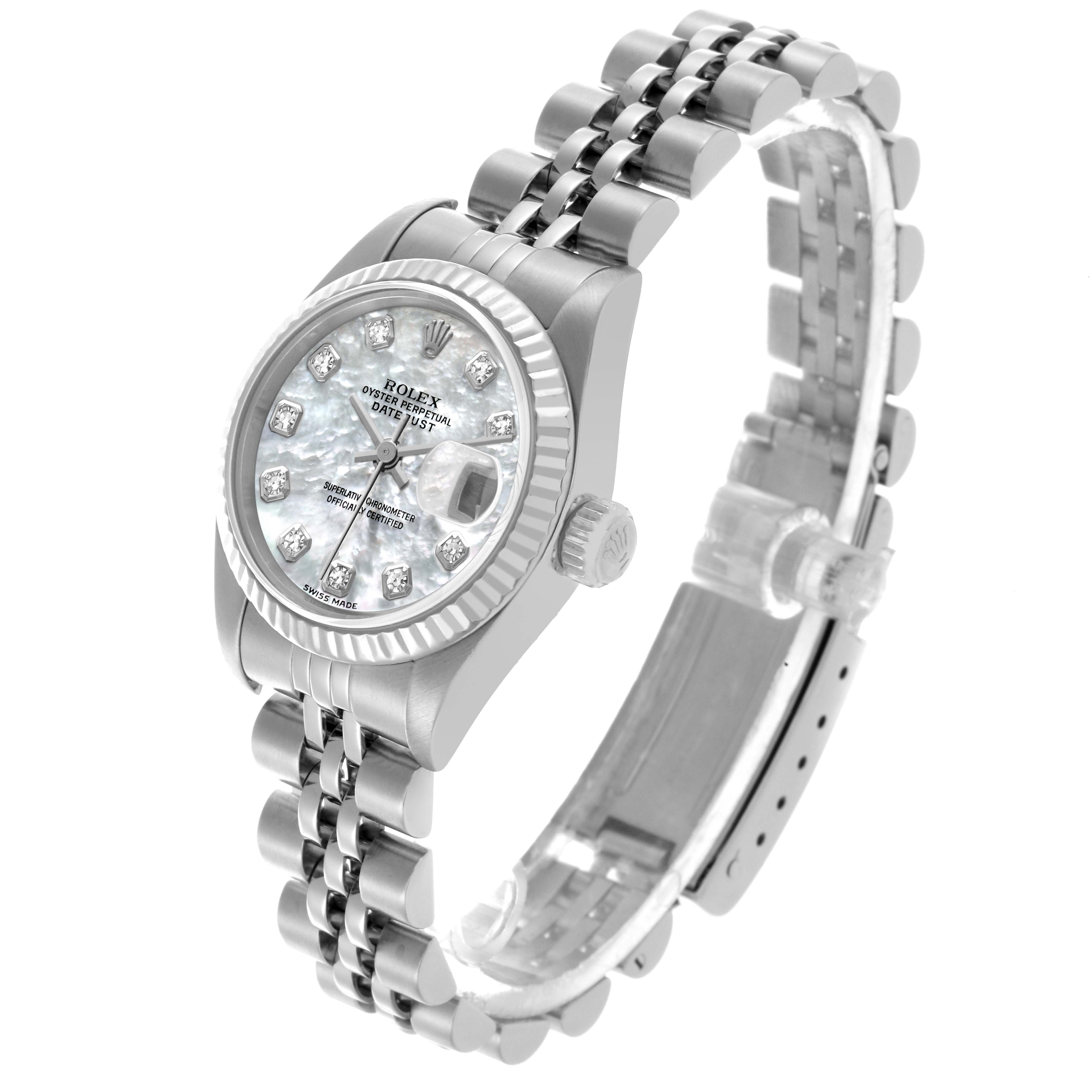 The Rolex Datejust 79174 Women's Stainless Steel Mother of Pearl Dial 79174 Women's Stainless Steel Mother of Pearl Dial watch is shown at an oblique angle, displaying the face, bezel, crown, and bracelet.