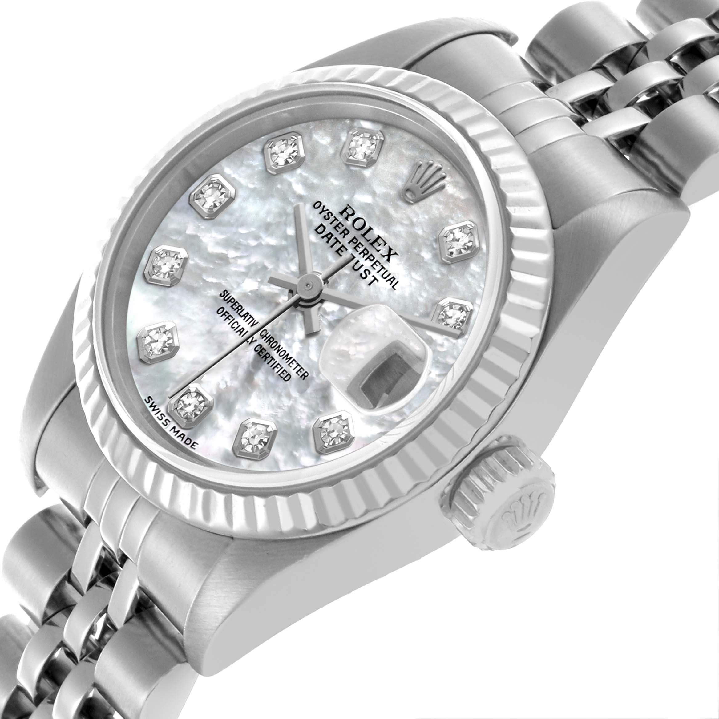 This image shows a close-up of the Rolex Datejust 79174 Women's Stainless Steel Mother of Pearl Dial 79174 Women's Stainless Steel Mother of Pearl Dial watch at an angled view, highlighting the dial, bezel, crown, and part of the bracelet.