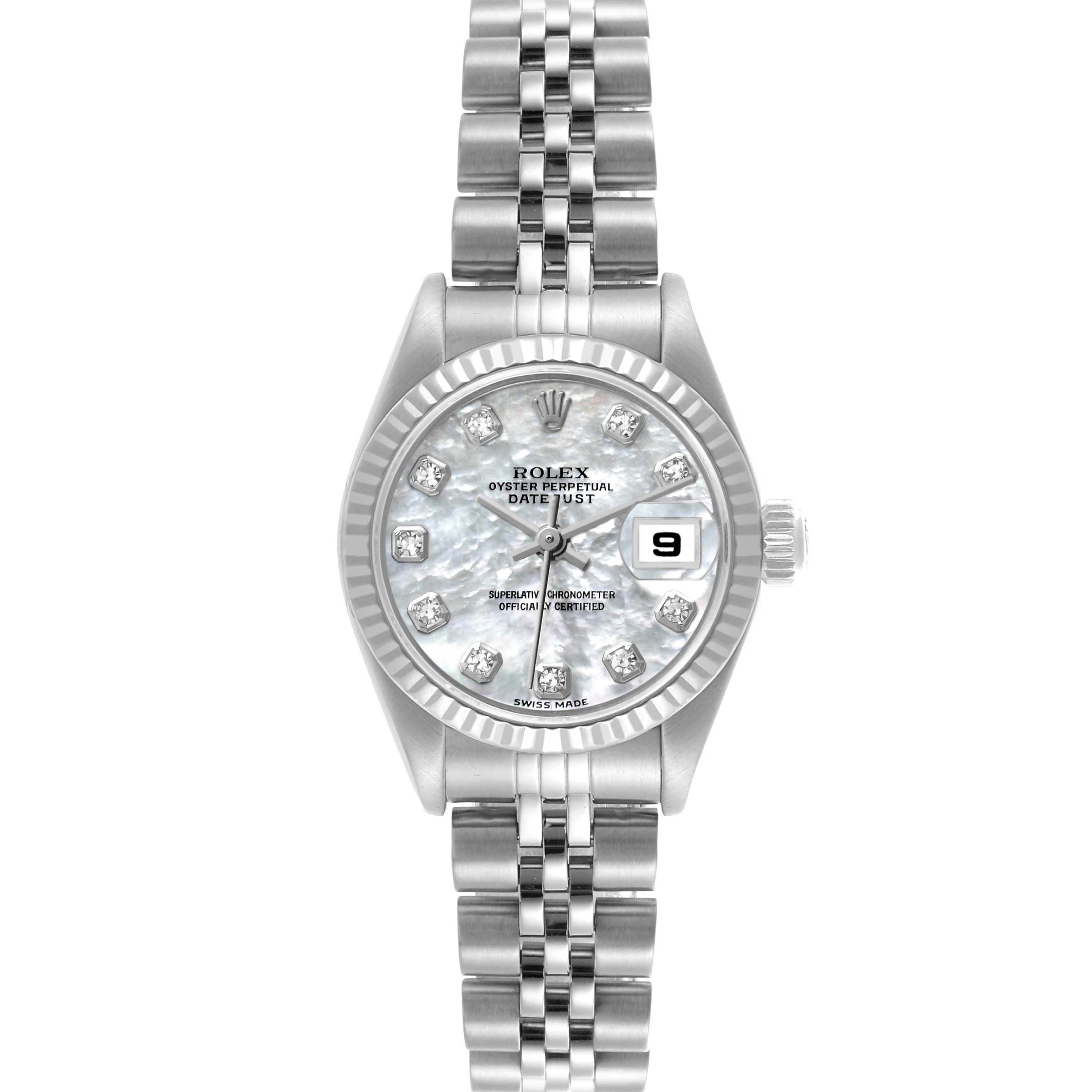 The Rolex Datejust 79174 Women's Stainless Steel Mother of Pearl Dial 79174 Women's Stainless Steel Mother of Pearl Dial watch is shown from a top-down angle, highlighting the dial, bezel, and bracelet.