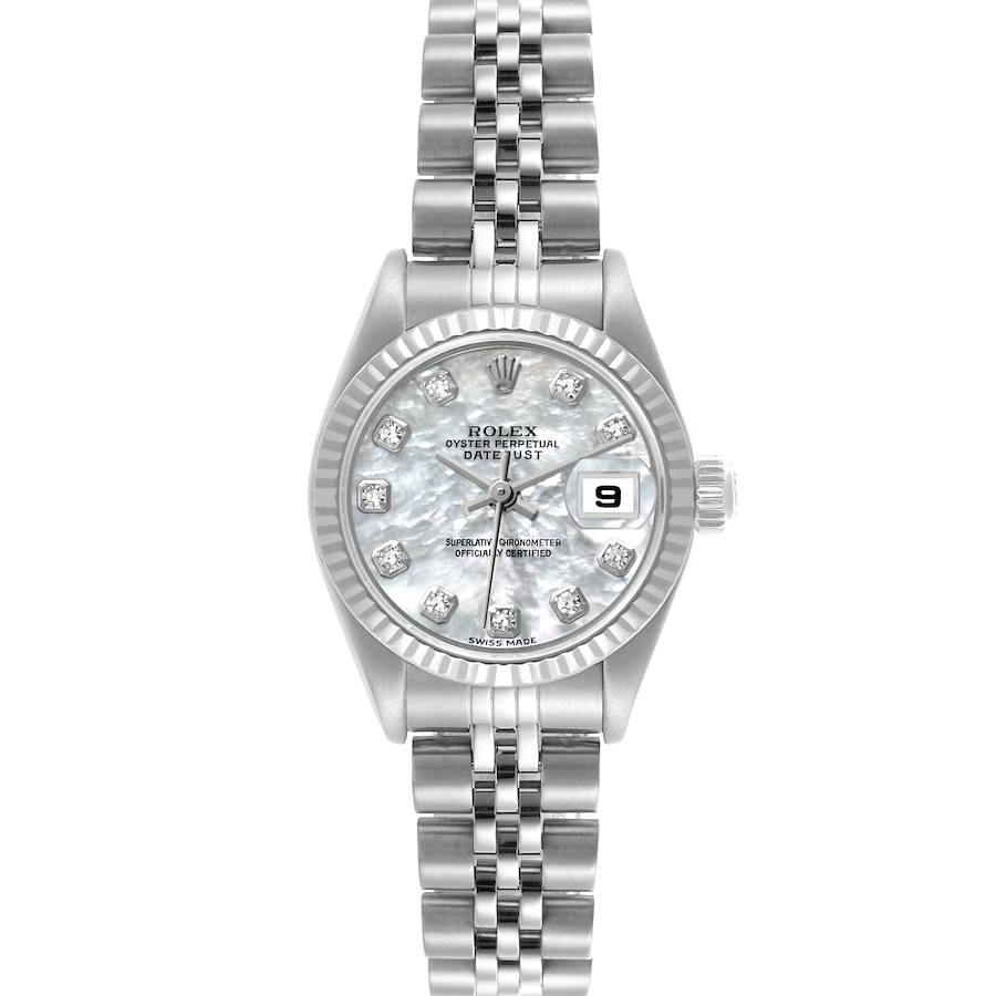 The Rolex Datejust watch is shown from a top-down angle, highlighting the dial, bezel, and bracelet.