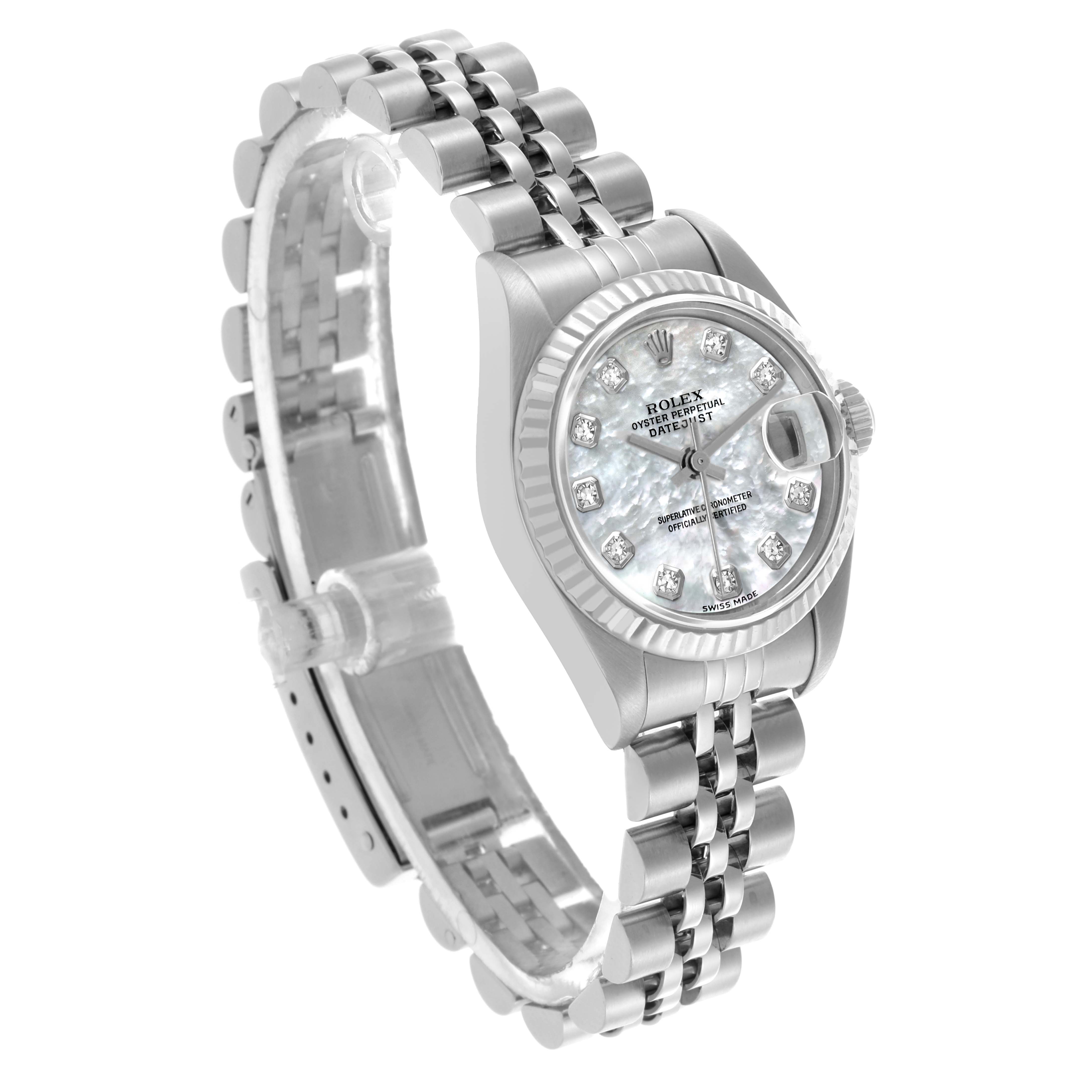 The Rolex Datejust 79174 Women's Stainless Steel Mother of Pearl Dial 79174 Women's Stainless Steel Mother of Pearl Dial watch is shown in a three-quarter view, highlighting the dial, bezel, and bracelet.