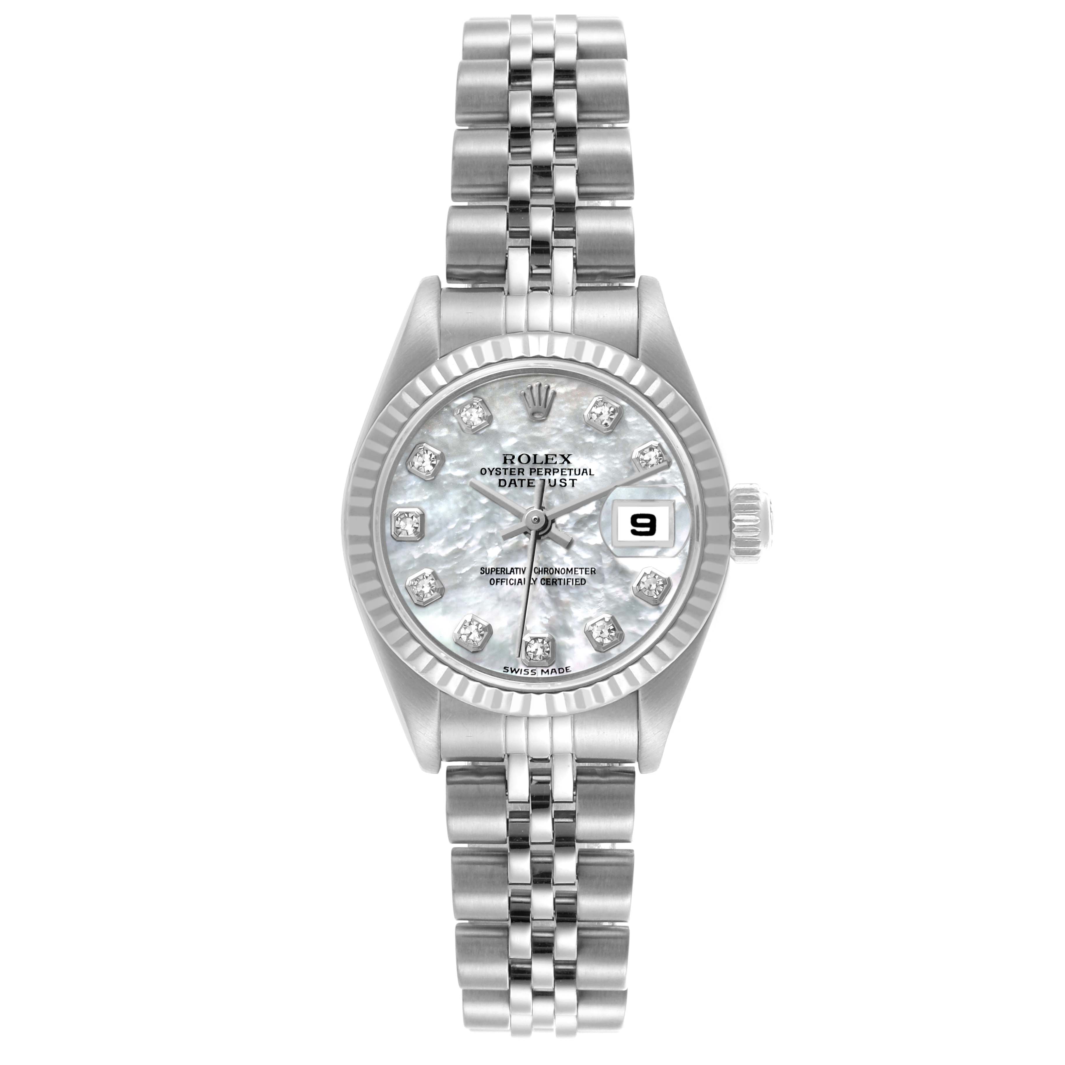 The Rolex Datejust 79174 Women's Stainless Steel Mother of Pearl Dial 79174 Women's Stainless Steel Mother of Pearl Dial is shown from the front, highlighting its face, bezel, crown, and bracelet.