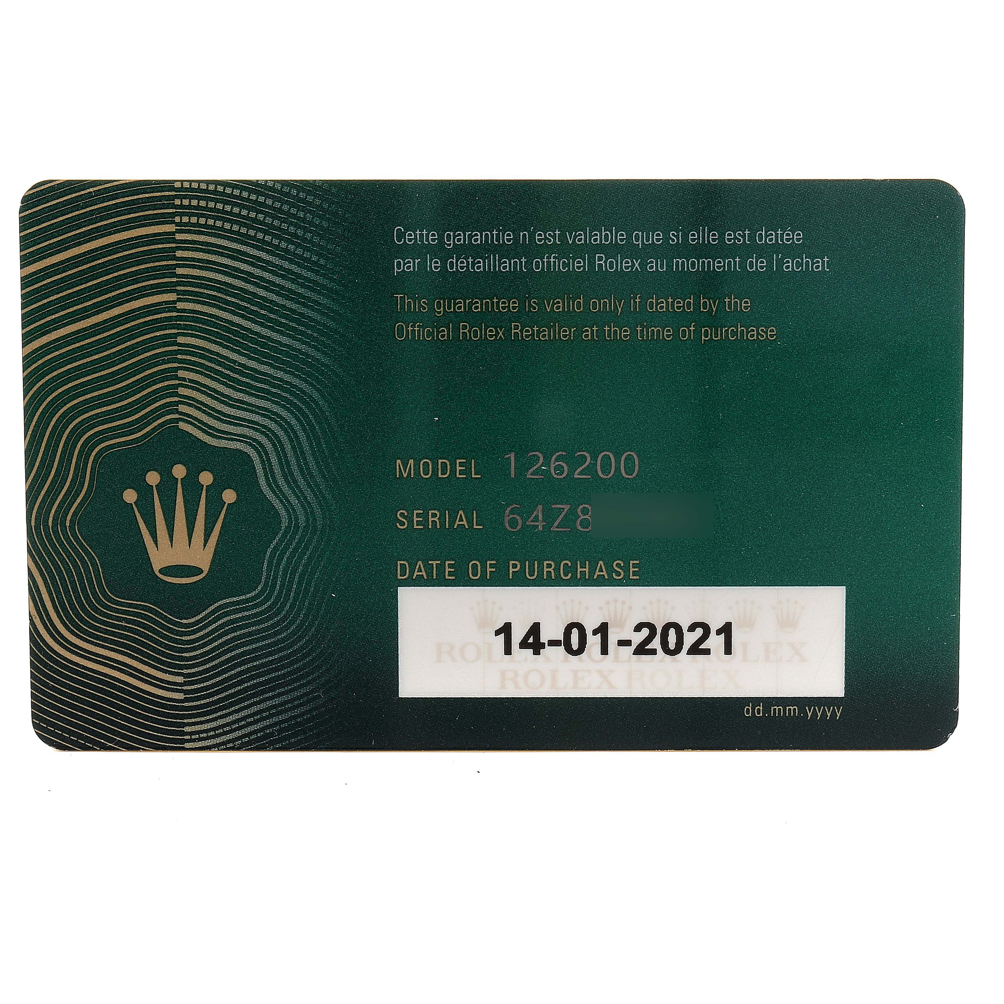 The image shows a Rolex Datejust 126200 Men's Stainless Steel Silver Dial 126200 Men's Stainless Steel Silver Dial model 126200 guarantee card with a purchase date of 14-01-2021.