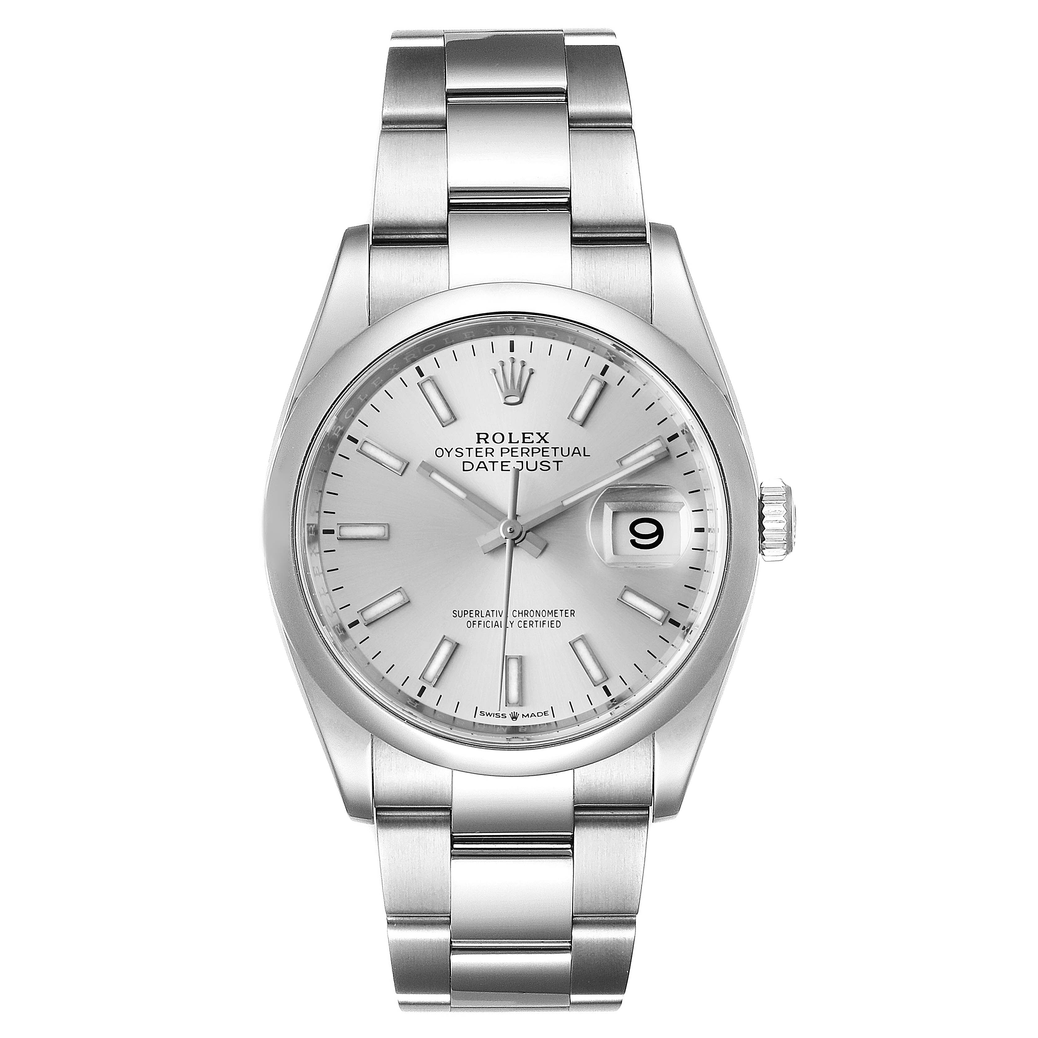 The image shows a front angle view of a Rolex Datejust 126200 Men's Stainless Steel Silver Dial 126200 Men's Stainless Steel Silver Dial watch, displaying its face, bracelet, and crown.