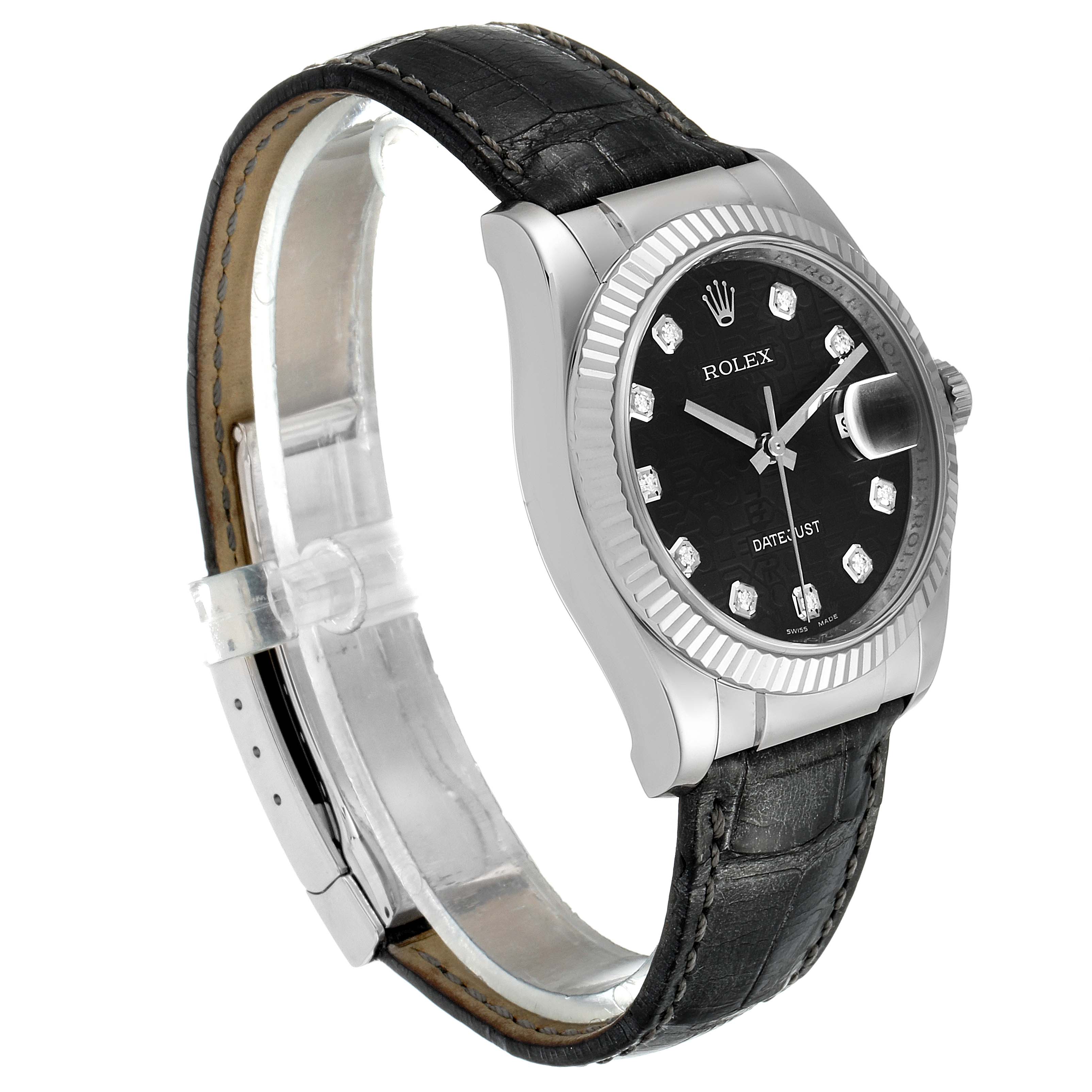 The Rolex Datejust 116139 Men's White Gold Black Dial 116139 Men's White Gold Black Dial watch is shown at an angle displaying the dial, bezel, crown, and part of the leather strap.
