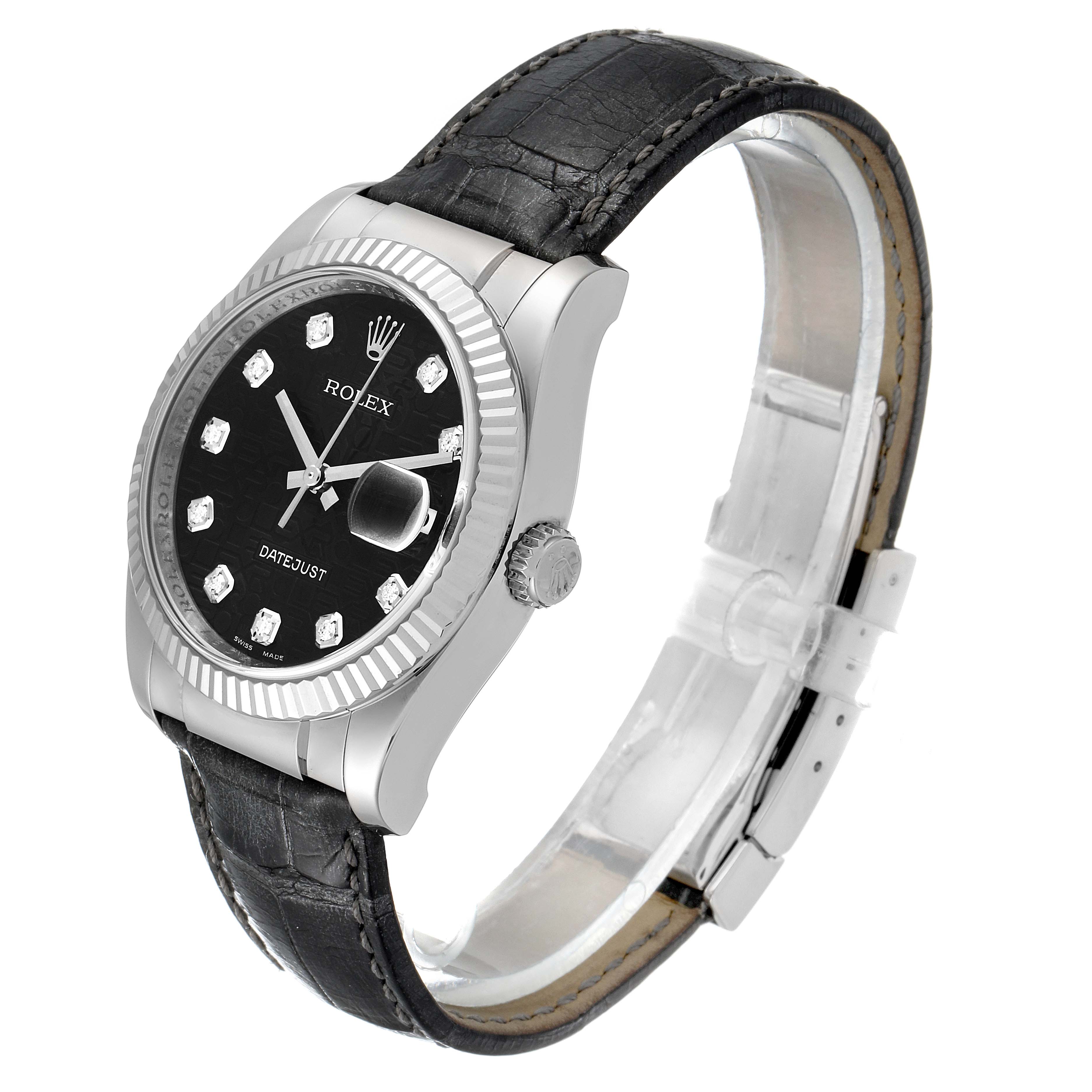 The Rolex Datejust 116139 Men's White Gold Black Dial 116139 Men's White Gold Black Dial watch is shown at a three-quarter angle, highlighting the black dial, bezel, crown, and leather strap.