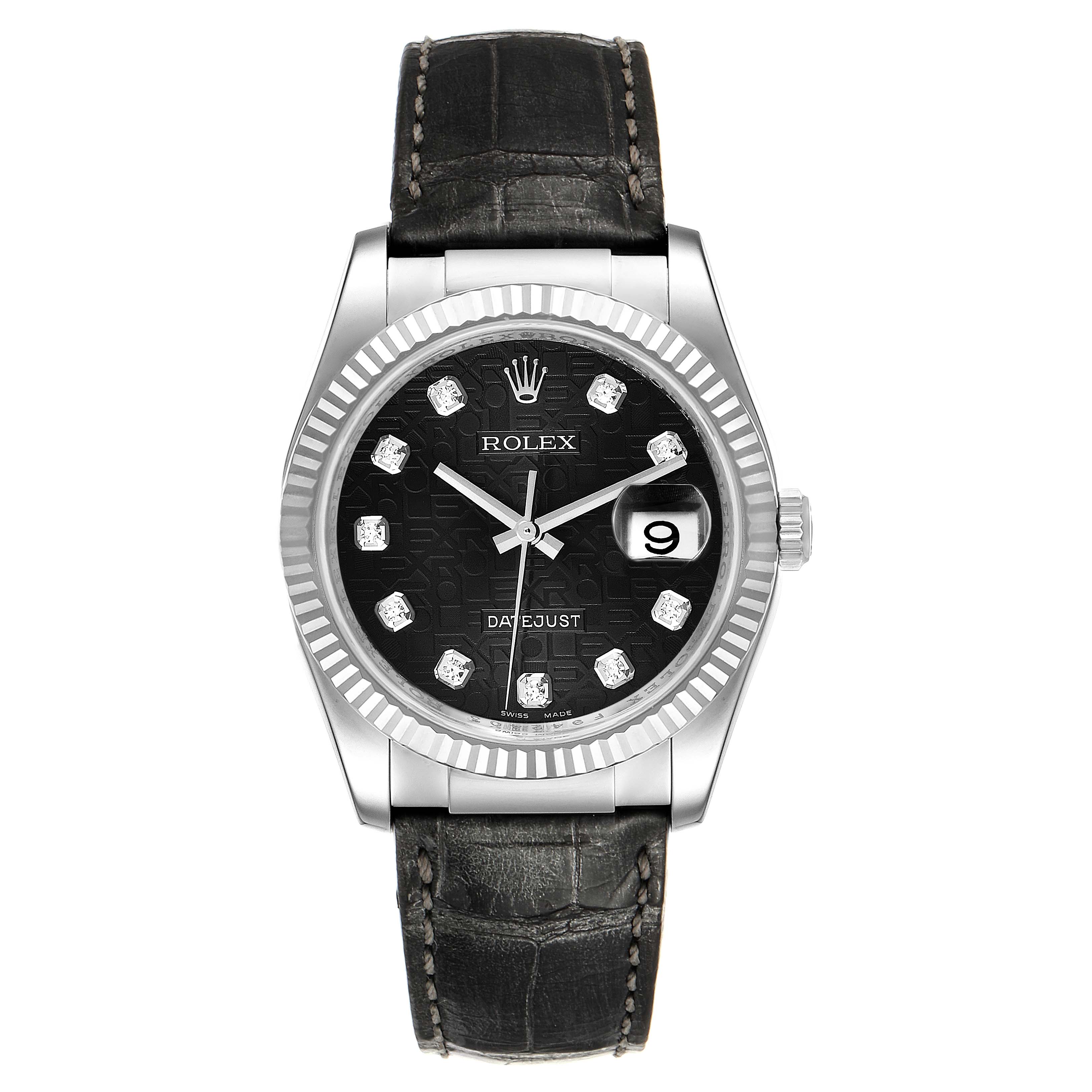 The image shows a front view of a Rolex Datejust 116139 Men's White Gold Black Dial 116139 Men's White Gold Black Dial watch with a black leather strap and a black dial featuring diamond hour markers.