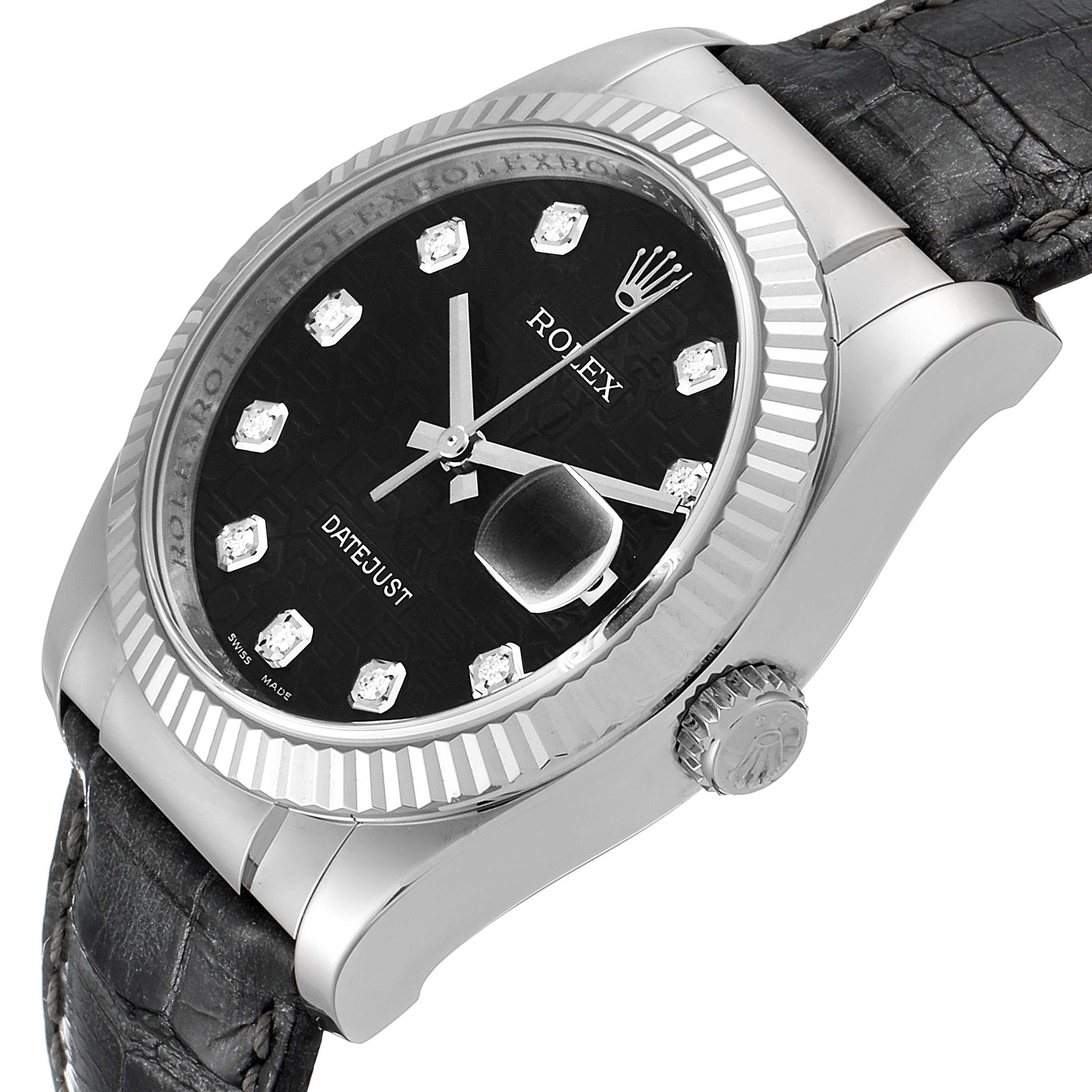 The image shows a close-up side view of a Rolex Datejust 116139 Men's White Gold Black Dial 116139 Men's White Gold Black Dial watch, highlighting the black dial, diamond markers, fluted bezel, and crown.