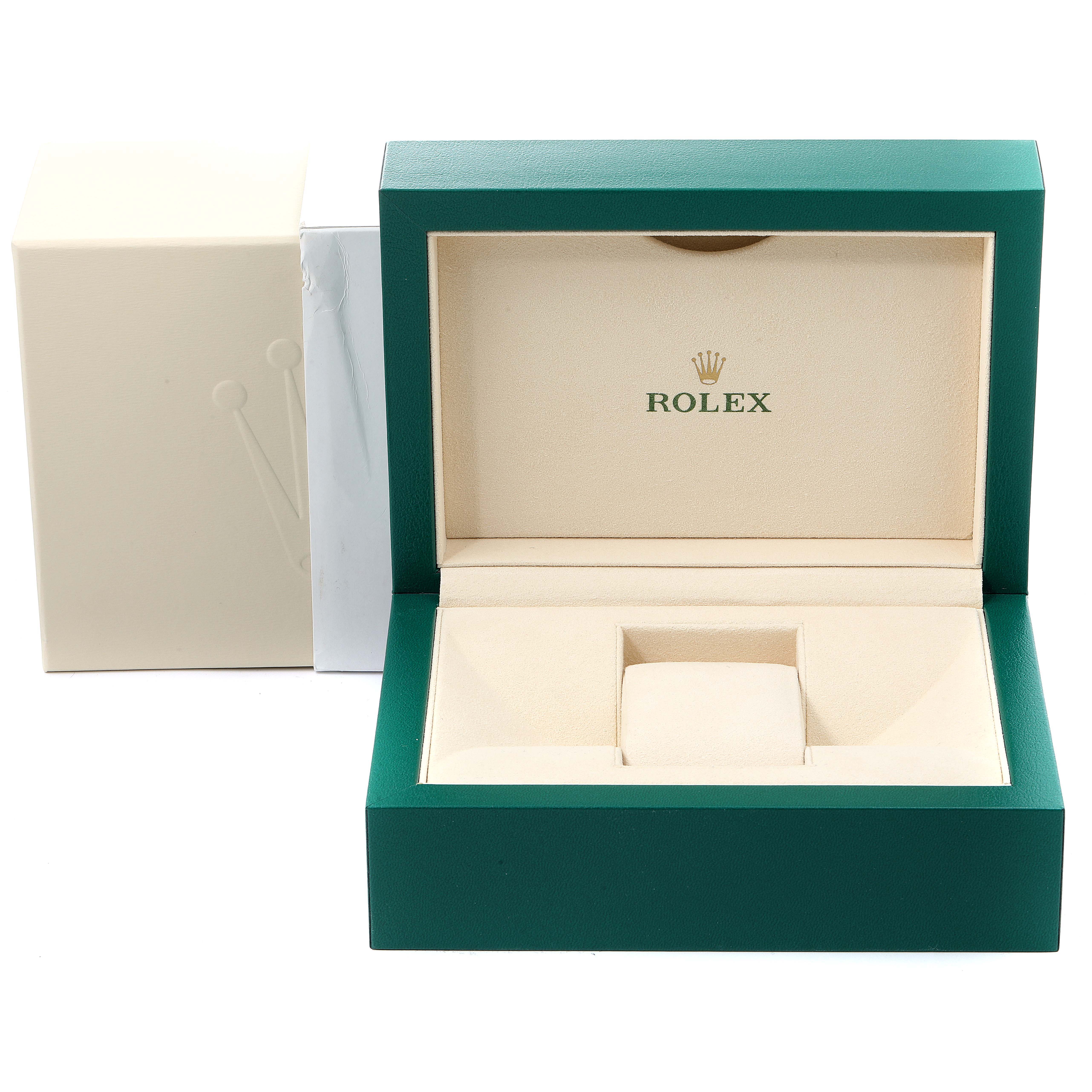 This image shows the open green and beige box for a Rolex Datejust 116139 Men's White Gold Black Dial 116139 Men's White Gold Black Dial model, with the Rolex logo inside.