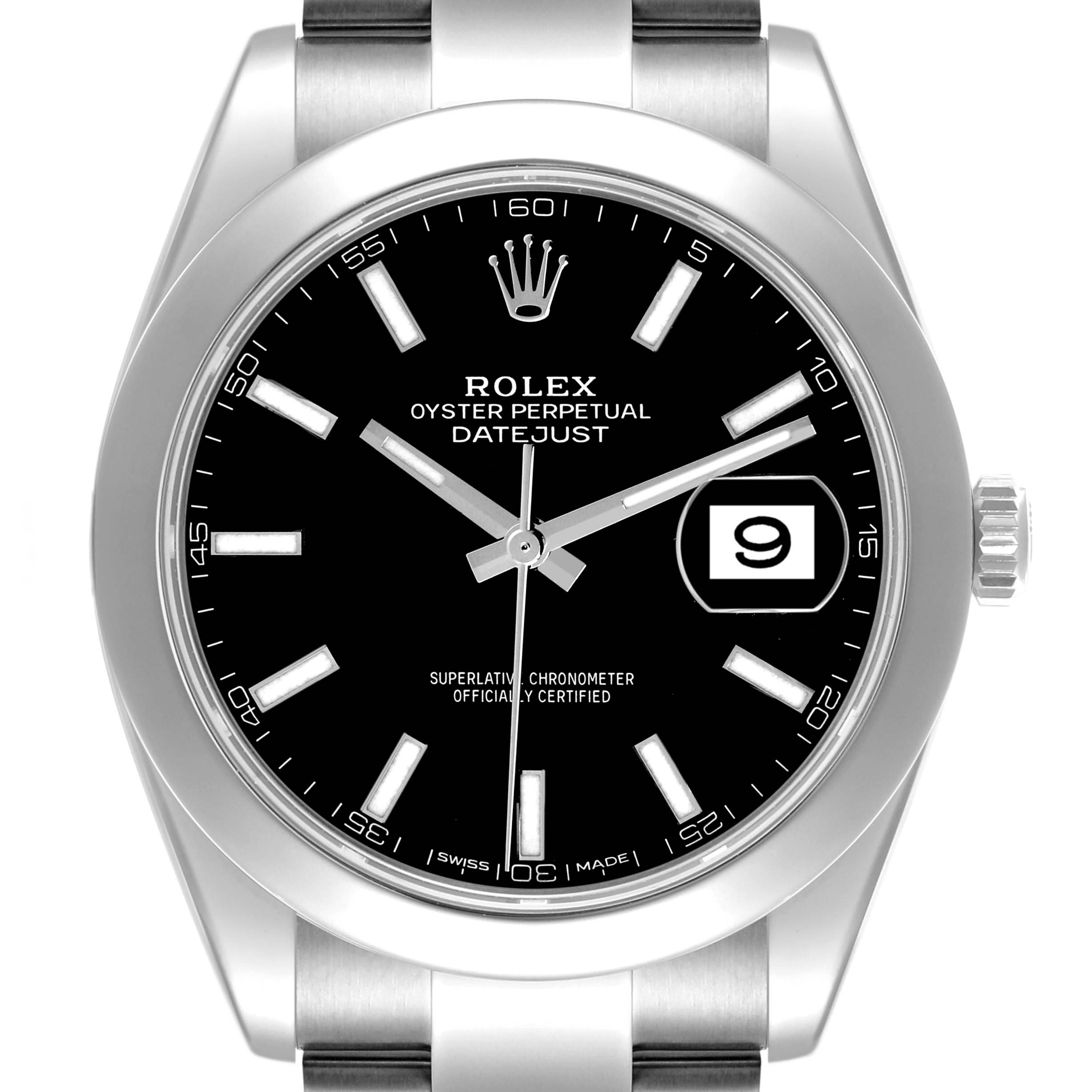 The image shows a frontal view of the Rolex Datejust 41 126300 Men's Stainless Steel Black Dial 126300 Men's Stainless Steel Black Dial, detailing the dial, bezel, and part of the bracelet.