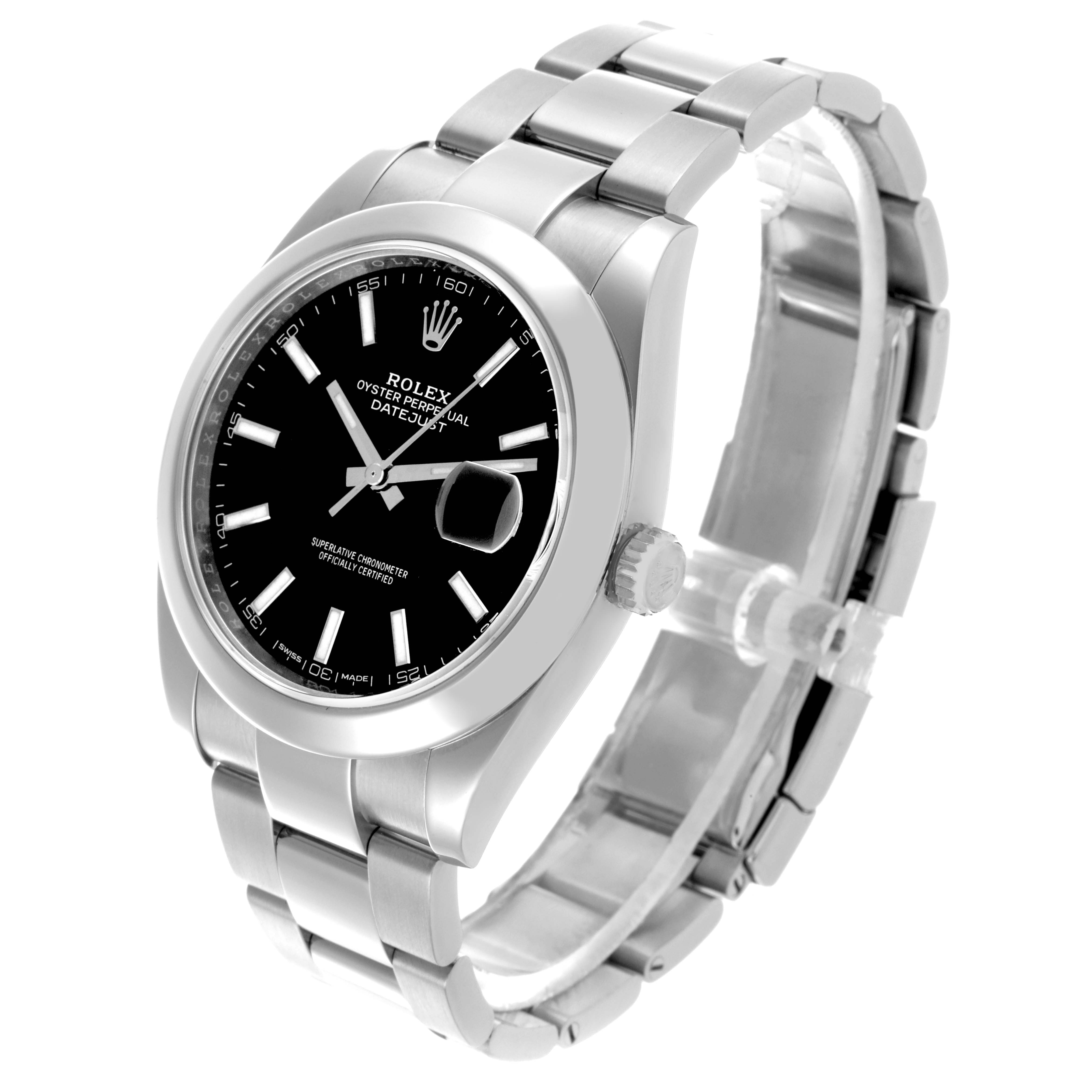 The Rolex Datejust 41 126300 Men's Stainless Steel Black Dial 126300 Men's Stainless Steel Black Dial is shown at a three-quarter angle, highlighting the black dial, bezel, case, crown, and silver bracelet.
