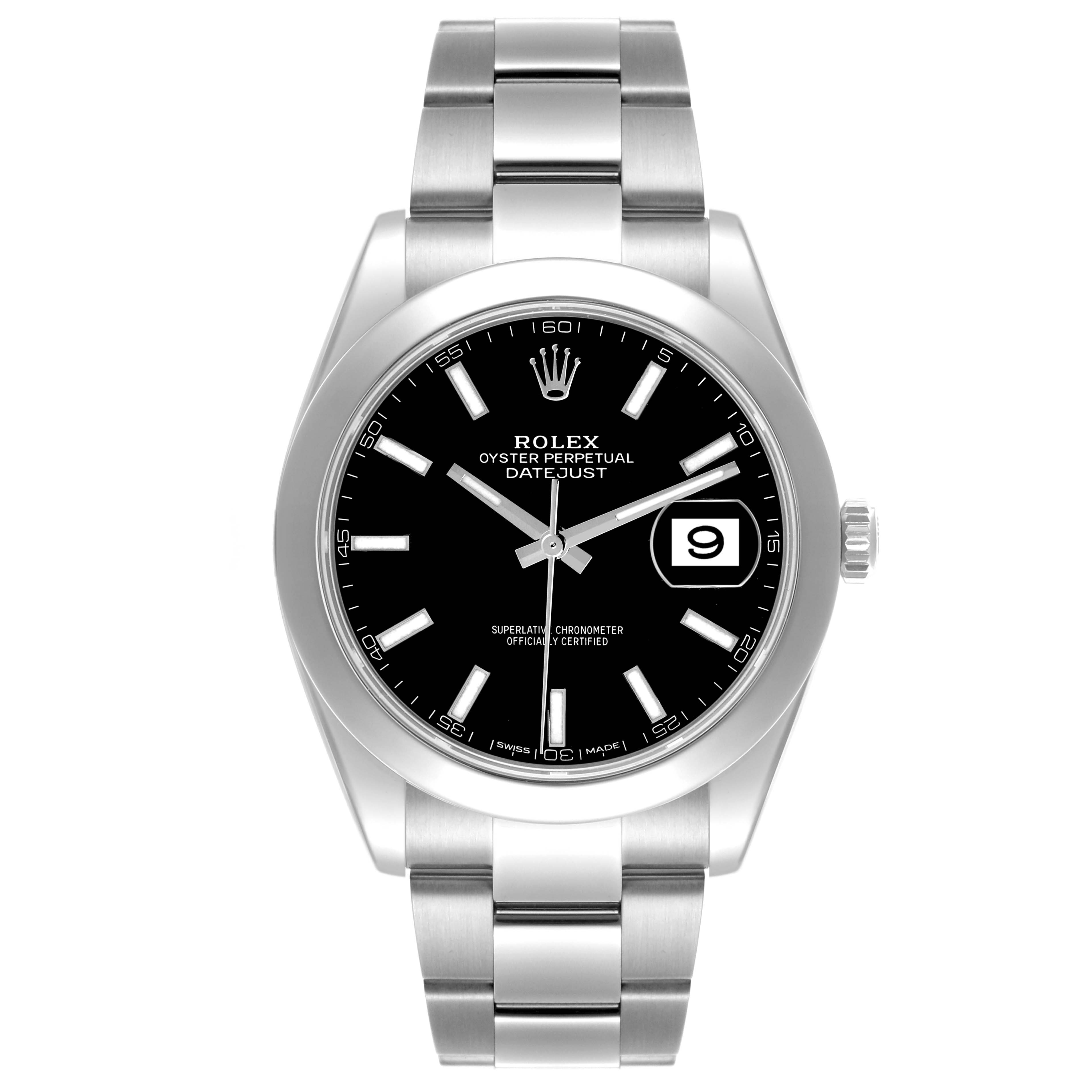 The Rolex Datejust 41 126300 Men's Stainless Steel Black Dial 126300 Men's Stainless Steel Black Dial is shown from a front angle, displaying its face, bracelet, and crown.