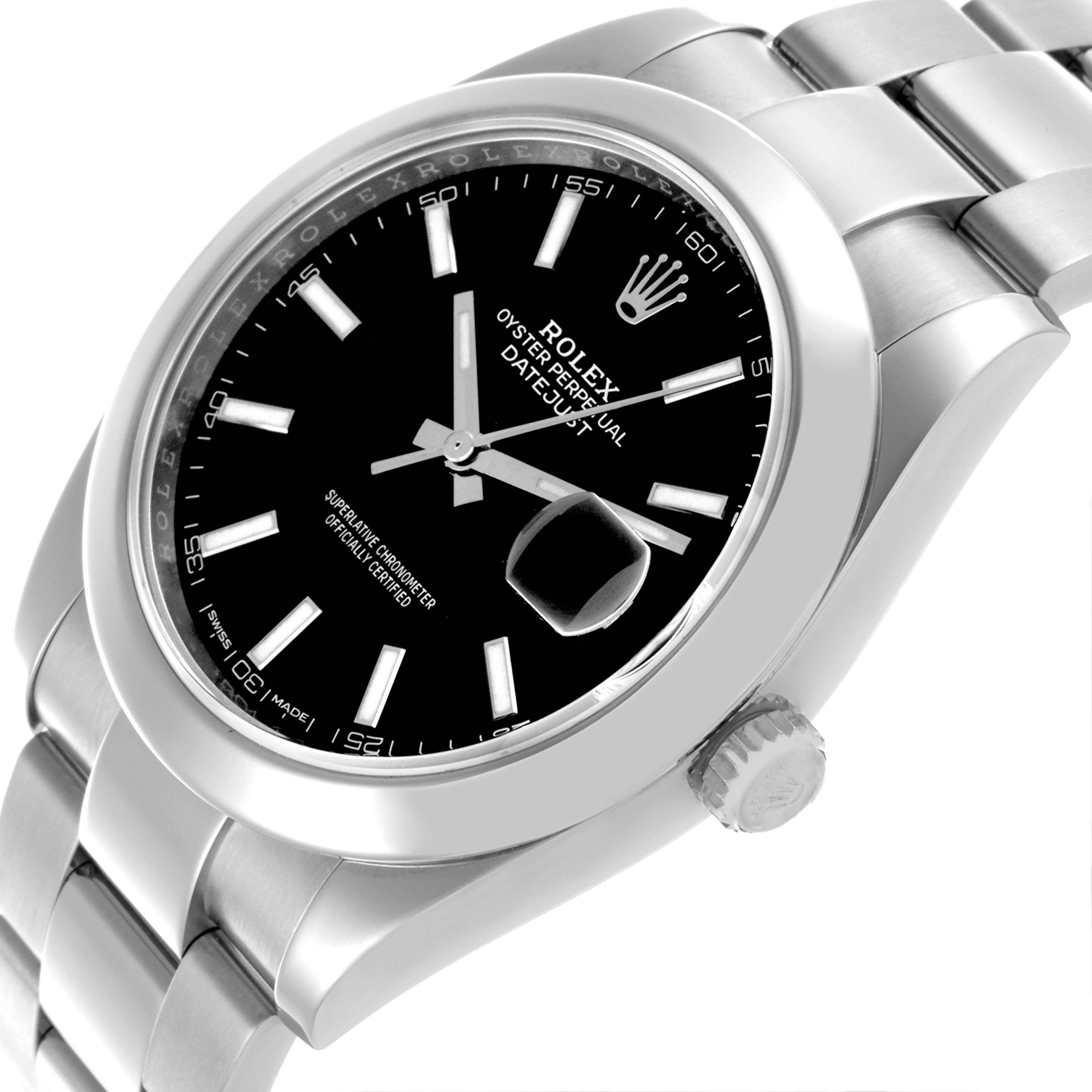The Rolex Datejust 41 126300 Men's Stainless Steel Black Dial 126300 Men's Stainless Steel Black Dial is shown at a tilted angle, highlighting the face, bezel, and part of the bracelet.