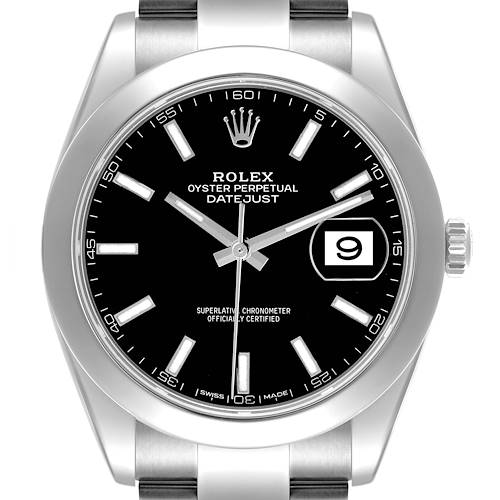 The Rolex Datejust 41 is shown from a front view highlighting the dial, bezel, and part of the bracelet.