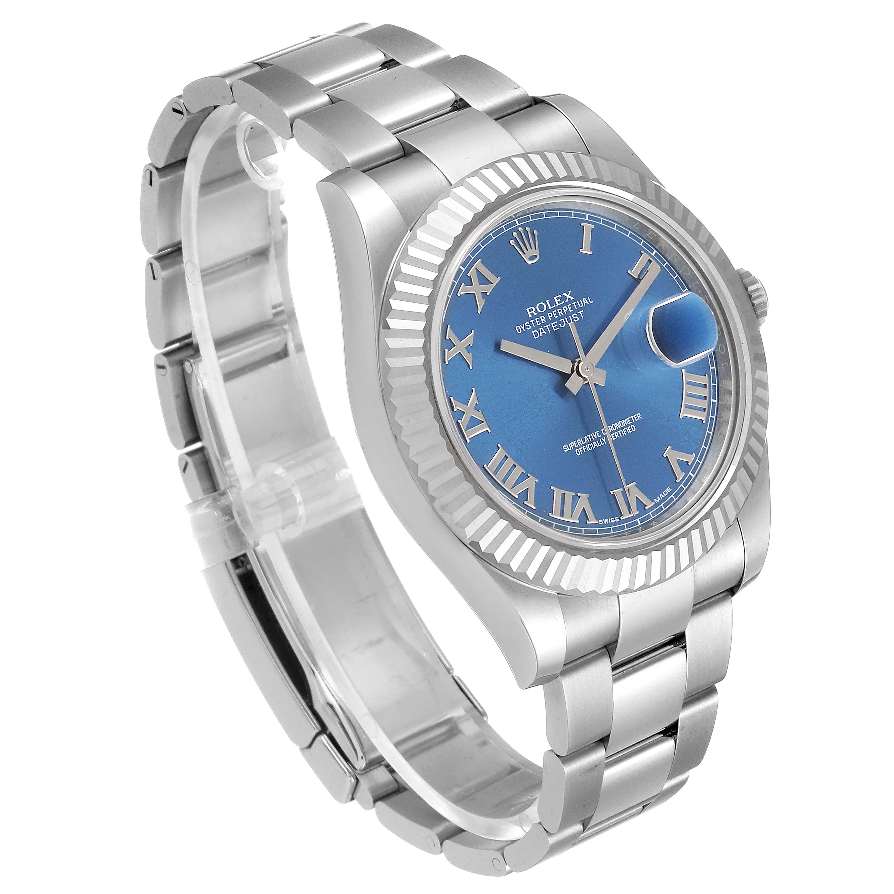 The Rolex Datejust 41 116334 Men's Stainless Steel Blue Dial 116334 Men's Stainless Steel Blue Dial watch is shown at a slight angle, highlighting its blue dial, fluted bezel, and Oyster bracelet.