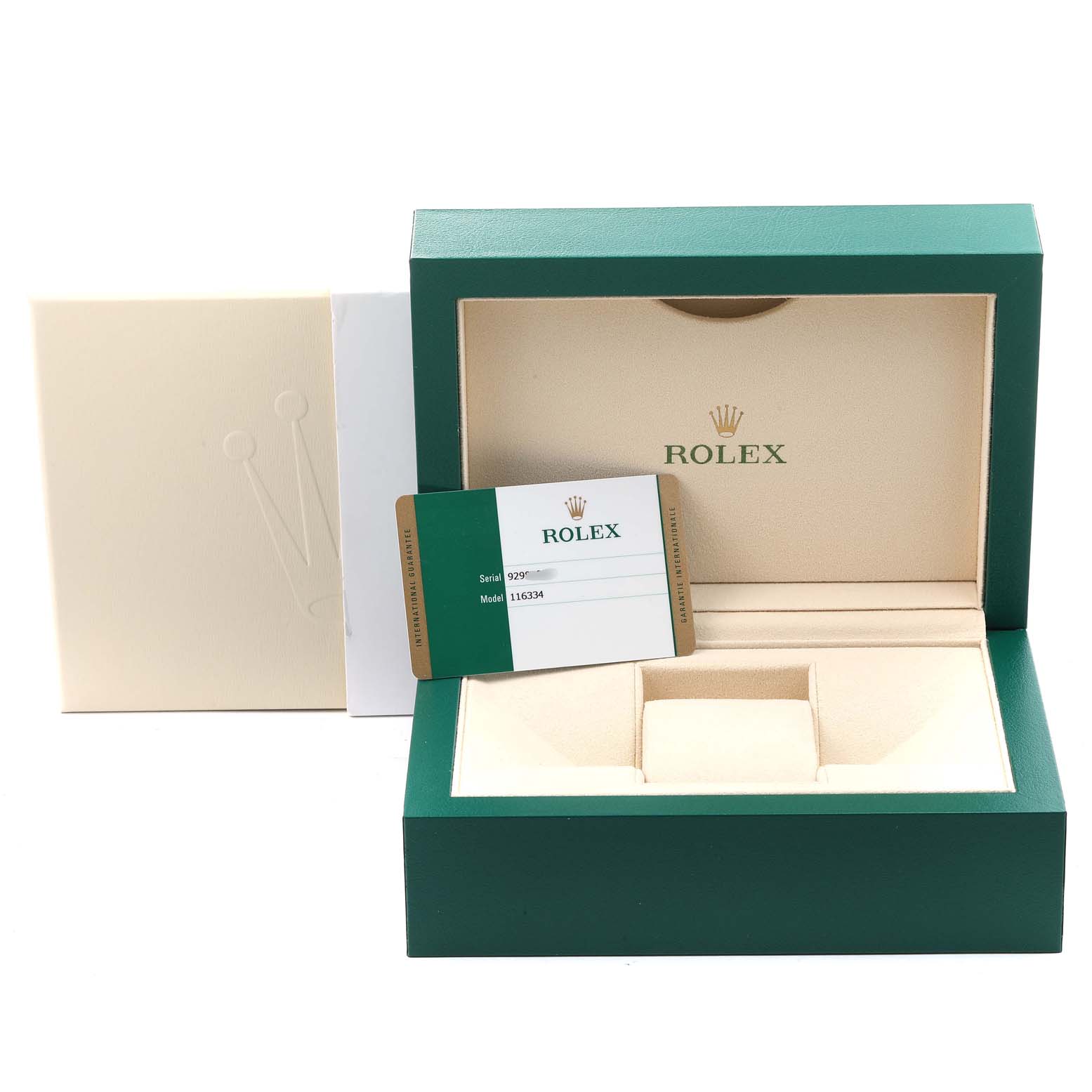 This image shows the open box and warranty card for the Rolex Datejust 41 116334 Men's Stainless Steel Blue Dial 116334 Men's Stainless Steel Blue Dial watch, with a view of the interior packaging.