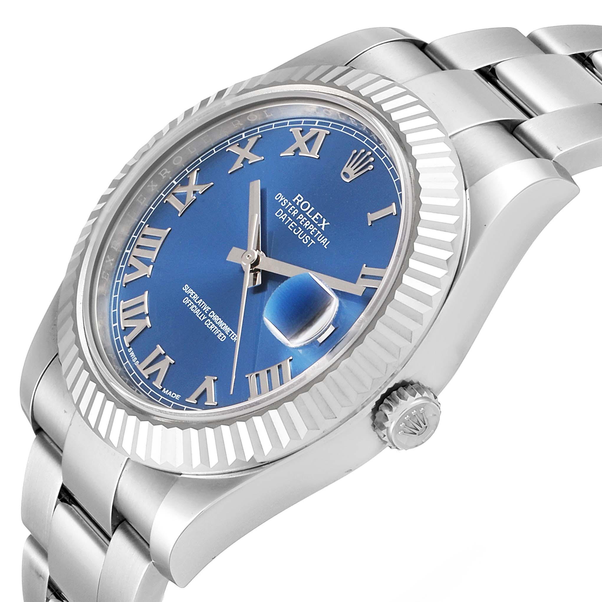 The Rolex Datejust 41 116334 Men's Stainless Steel Blue Dial 116334 Men's Stainless Steel Blue Dial watch is shown at a three-quarter angle, displaying its bezel, blue dial, bracelet, and crown.