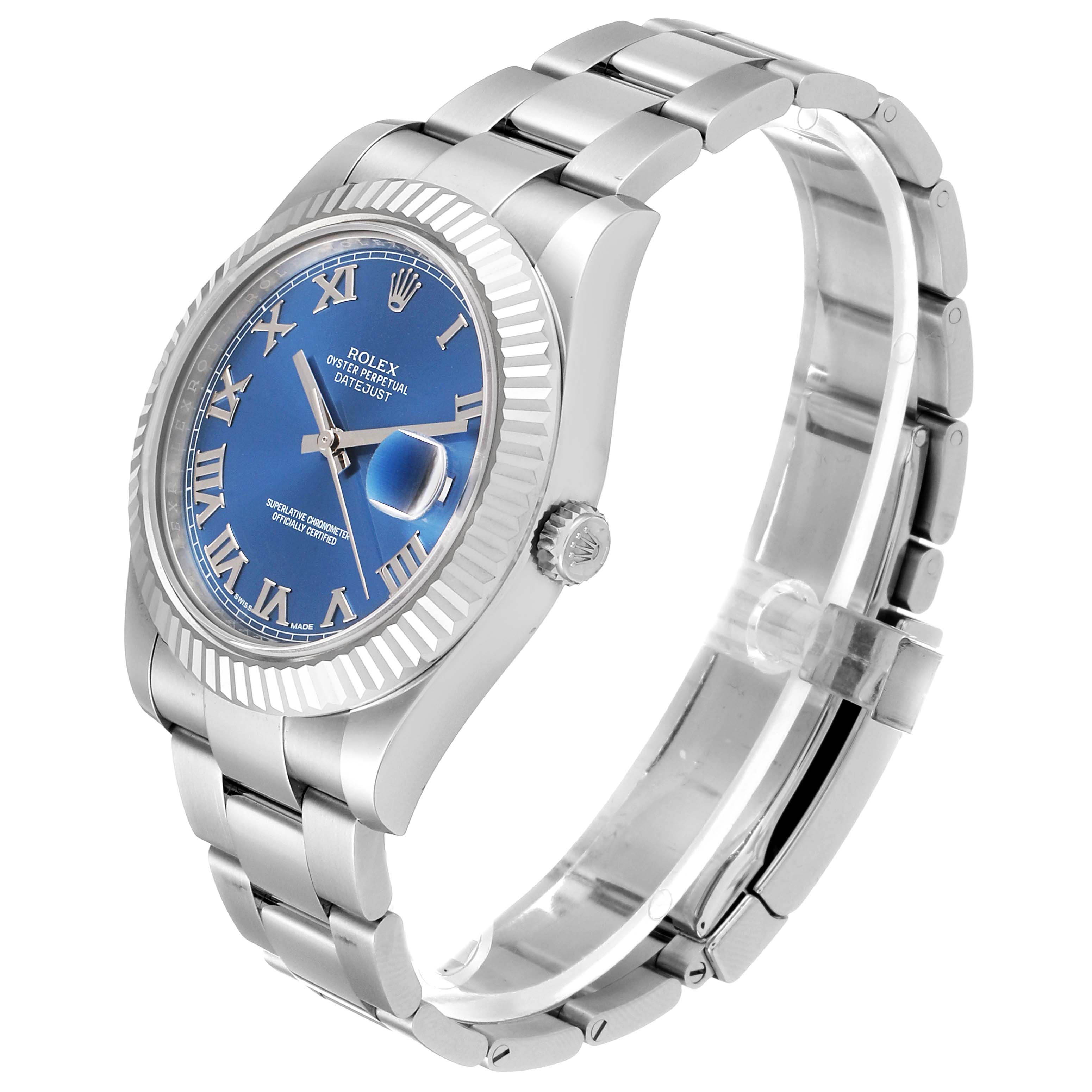 The image shows a Rolex Datejust 41 116334 Men's Stainless Steel Blue Dial 116334 Men's Stainless Steel Blue Dial watch, angled to display the blue dial, bezel, crown, and part of the bracelet.