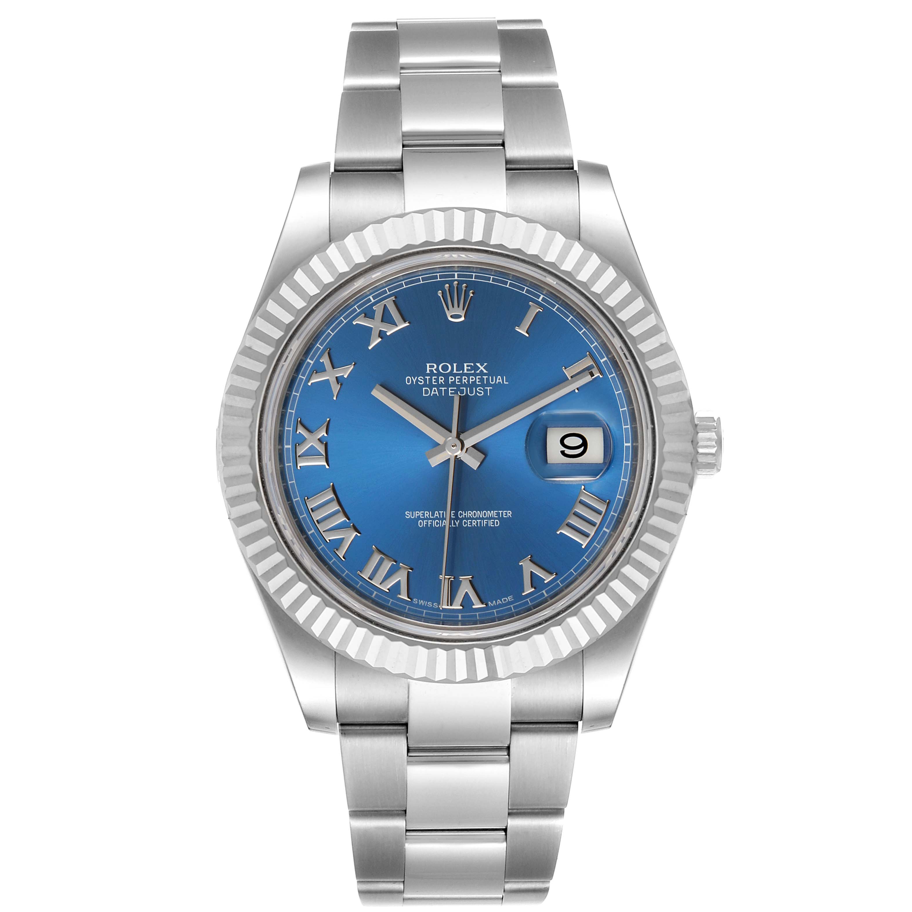 This image shows a Rolex Datejust 41 116334 Men's Stainless Steel Blue Dial 116334 Men's Stainless Steel Blue Dial watch from the front, displaying the face, bezel, and bracelet.