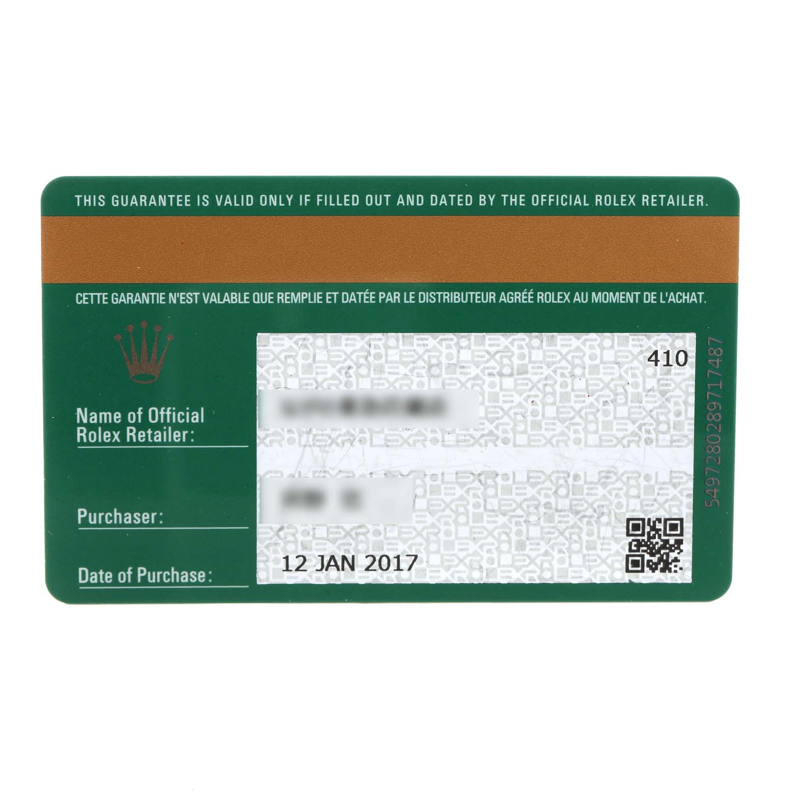 The image shows a guarantee card for a Rolex Datejust 41 116334 Men's Stainless Steel Blue Dial 116334 Men's Stainless Steel Blue Dial watch, displaying the retailer's name, purchaser's information, and purchase date.