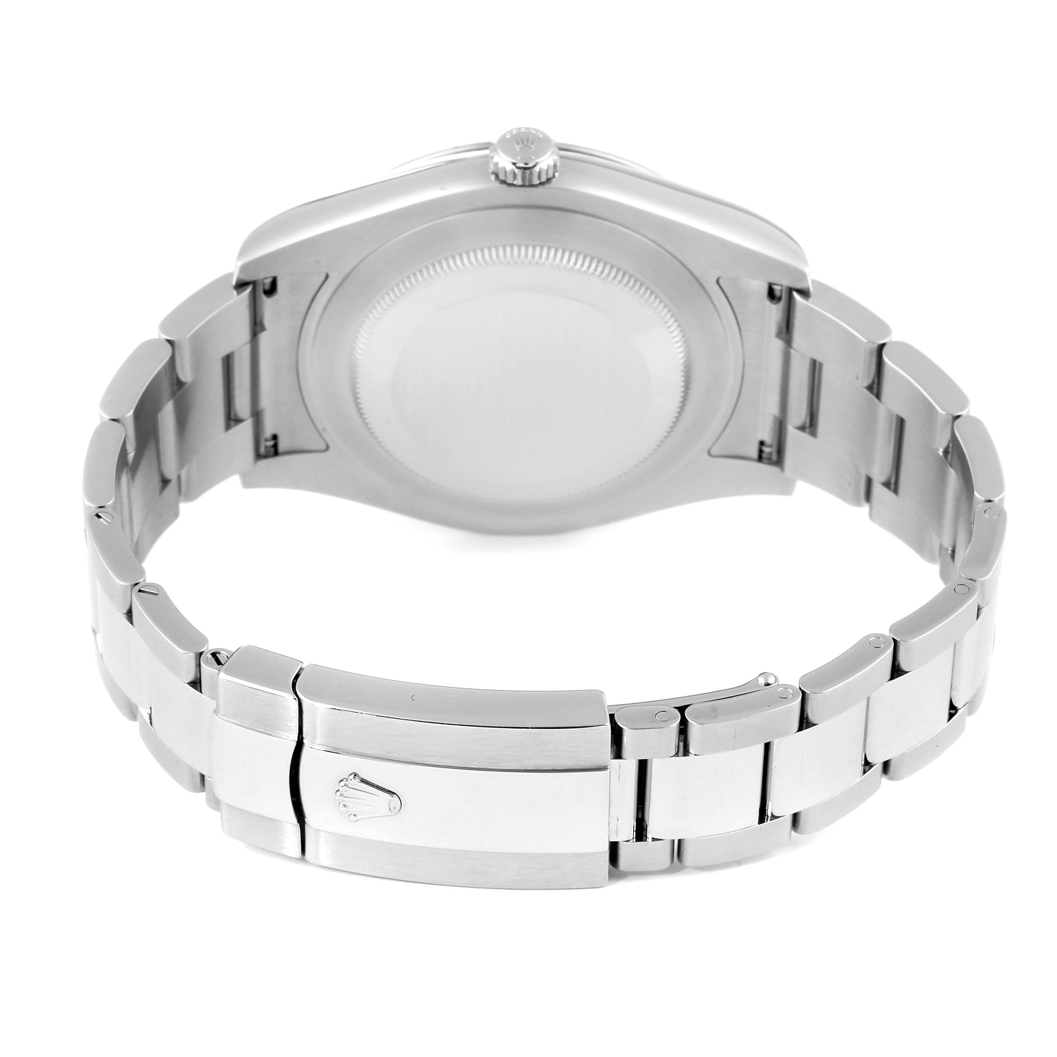 The image shows the back view of the Rolex Datejust 41 116334 Men's Stainless Steel Blue Dial 116334 Men's Stainless Steel Blue Dial watch, highlighting its clasp and case back.