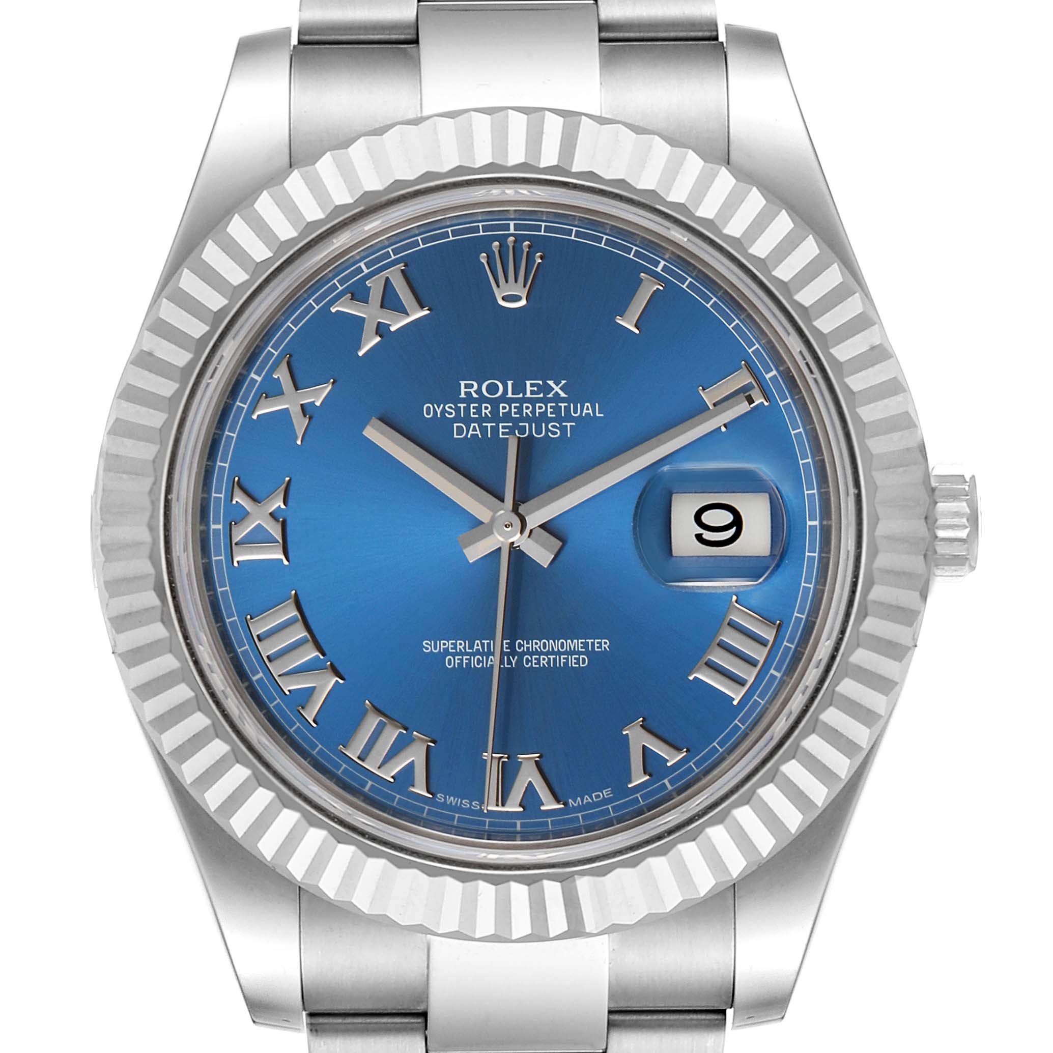 This image shows a front view of the Rolex Datejust 41 116334 Men's Stainless Steel Blue Dial 116334 Men's Stainless Steel Blue Dial watch, highlighting the blue dial, Roman numeral hour markers, fluted bezel, and date window.