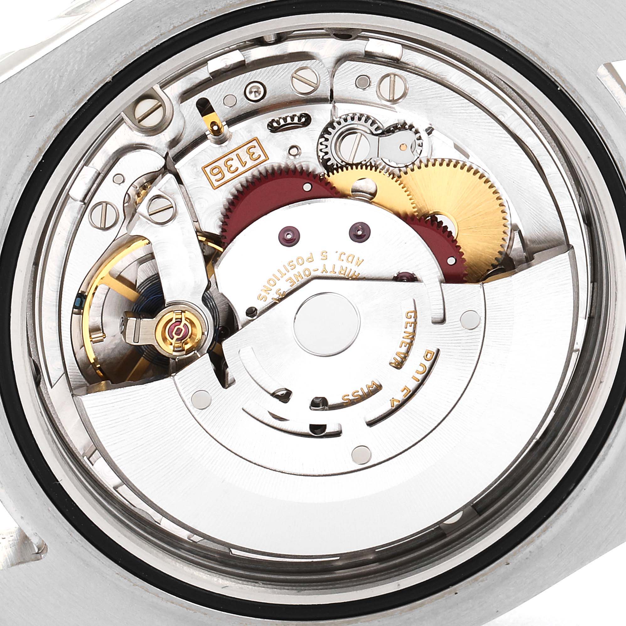 The image shows the internal movement components of a Rolex Datejust 41 116334 Men's Stainless Steel Blue Dial 116334 Men's Stainless Steel Blue Dial model, viewed from the case back.