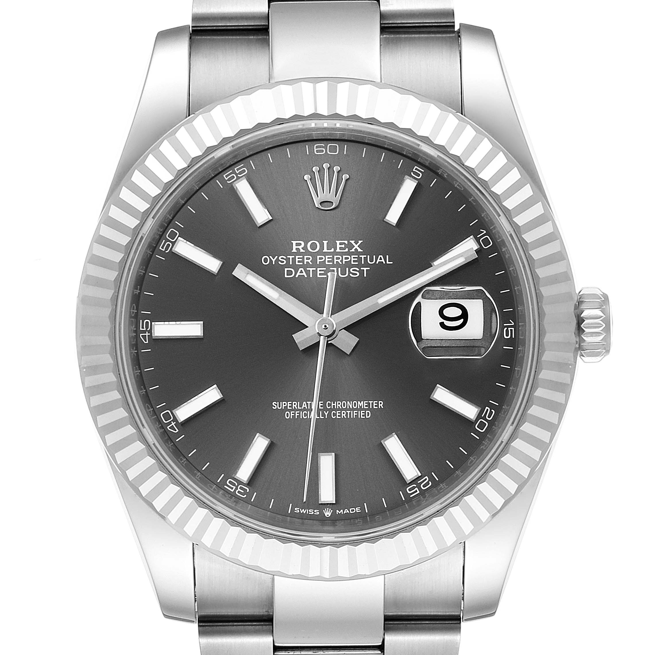 This image shows the face of the Rolex Datejust 41 126334 Men's Stainless Steel Grey Dial 126334 Men's Stainless Steel Grey Dial watch from a front angle, highlighting its dial, date window, and bezel.