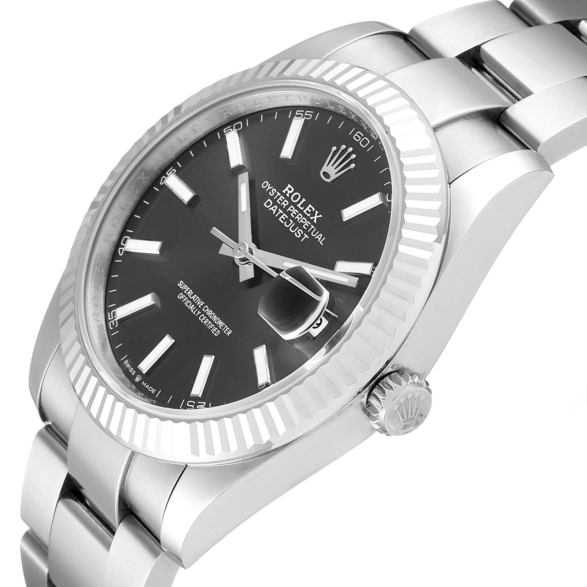 The Rolex Datejust 41 126334 Men's Stainless Steel Grey Dial 126334 Men's Stainless Steel Grey Dial watch is shown at a three-quarter angle, displaying the dial, bezel, crown, and part of the bracelet.