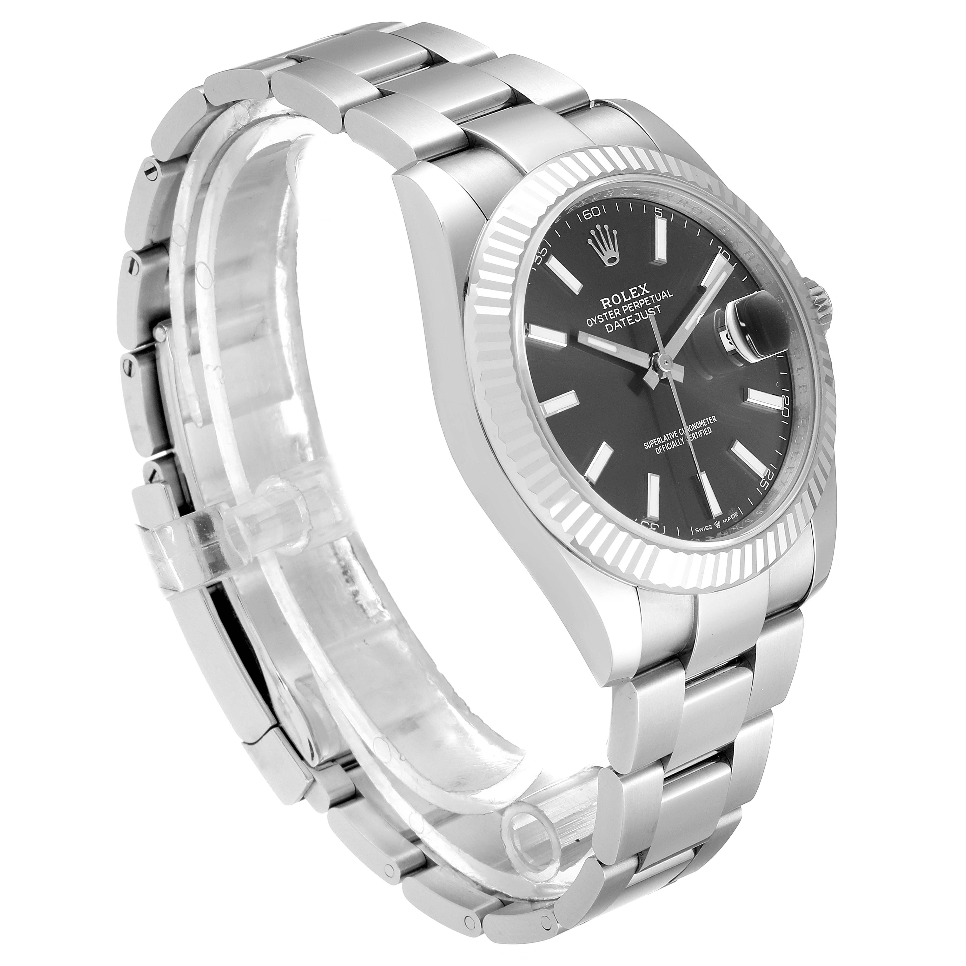 This image shows a side angle of the Rolex Datejust 41 126334 Men's Stainless Steel Grey Dial 126334 Men's Stainless Steel Grey Dial watch, highlighting the bracelet, bezel, and dial.
