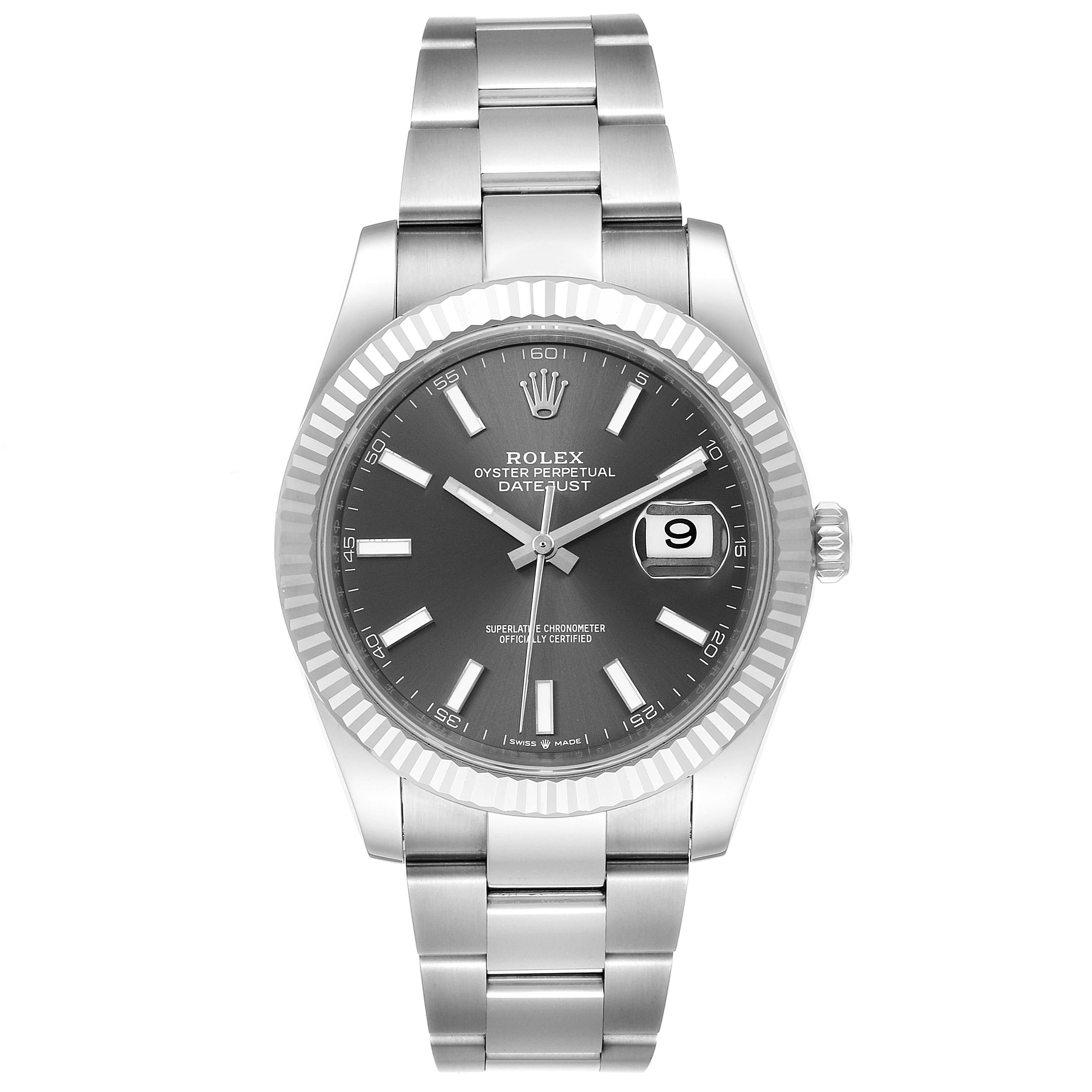 The Rolex Datejust 41 126334 Men's Stainless Steel Grey Dial 126334 Men's Stainless Steel Grey Dial model is shown from a front angle, displaying the dial, bezel, and bracelet.