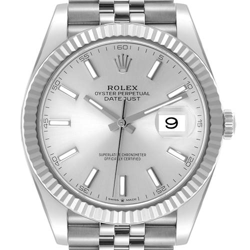 The Rolex Datejust 41 is shown from the front, highlighting the dial, hands, bezel, crown, and part of the bracelet.