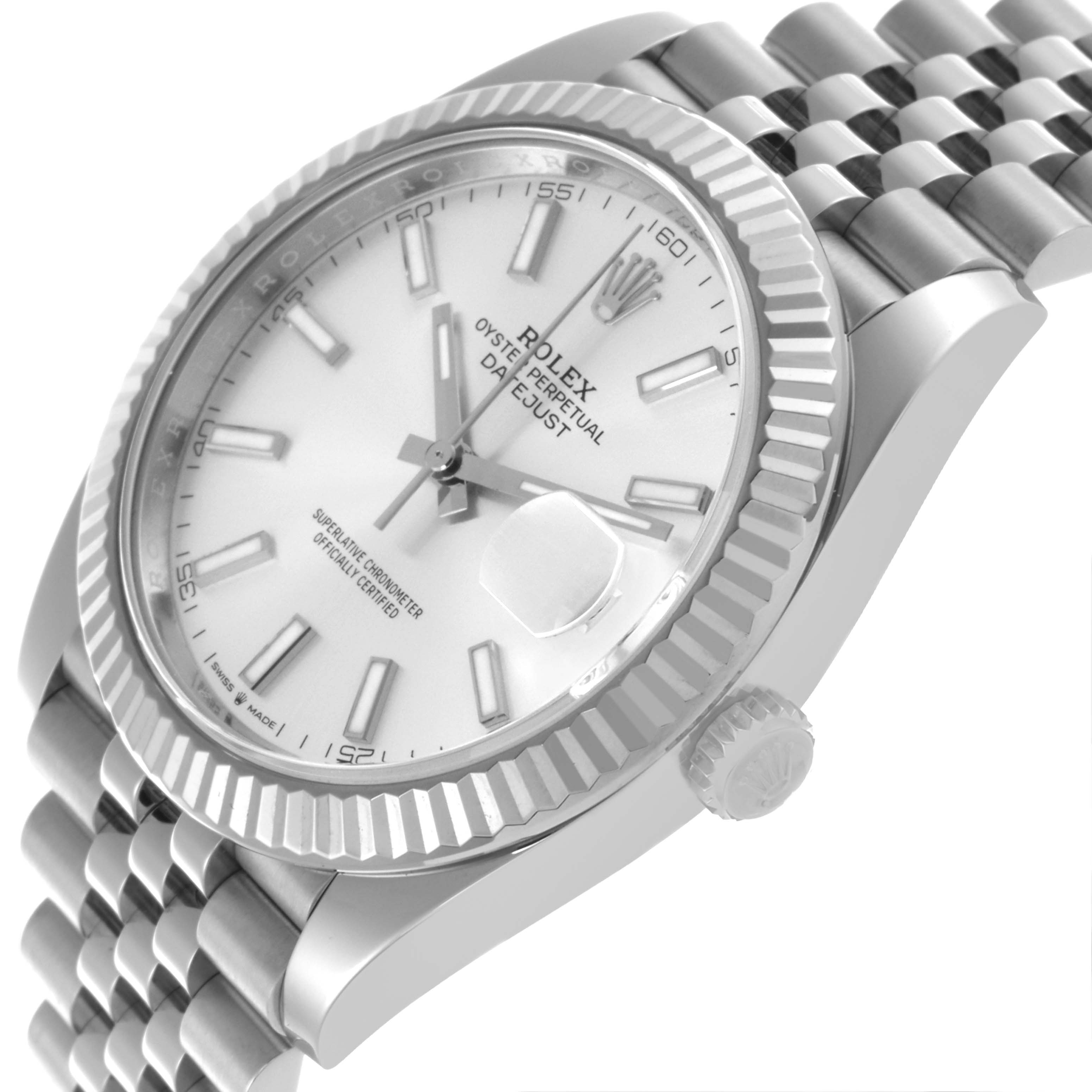 The Rolex Datejust 41 126334 Men
s Stainless Steel Silver Dial 126334 Men
s Stainless Steel Silver Dial watch is shown from a side angle, displaying its bezel, dial, bracelet, and crown.