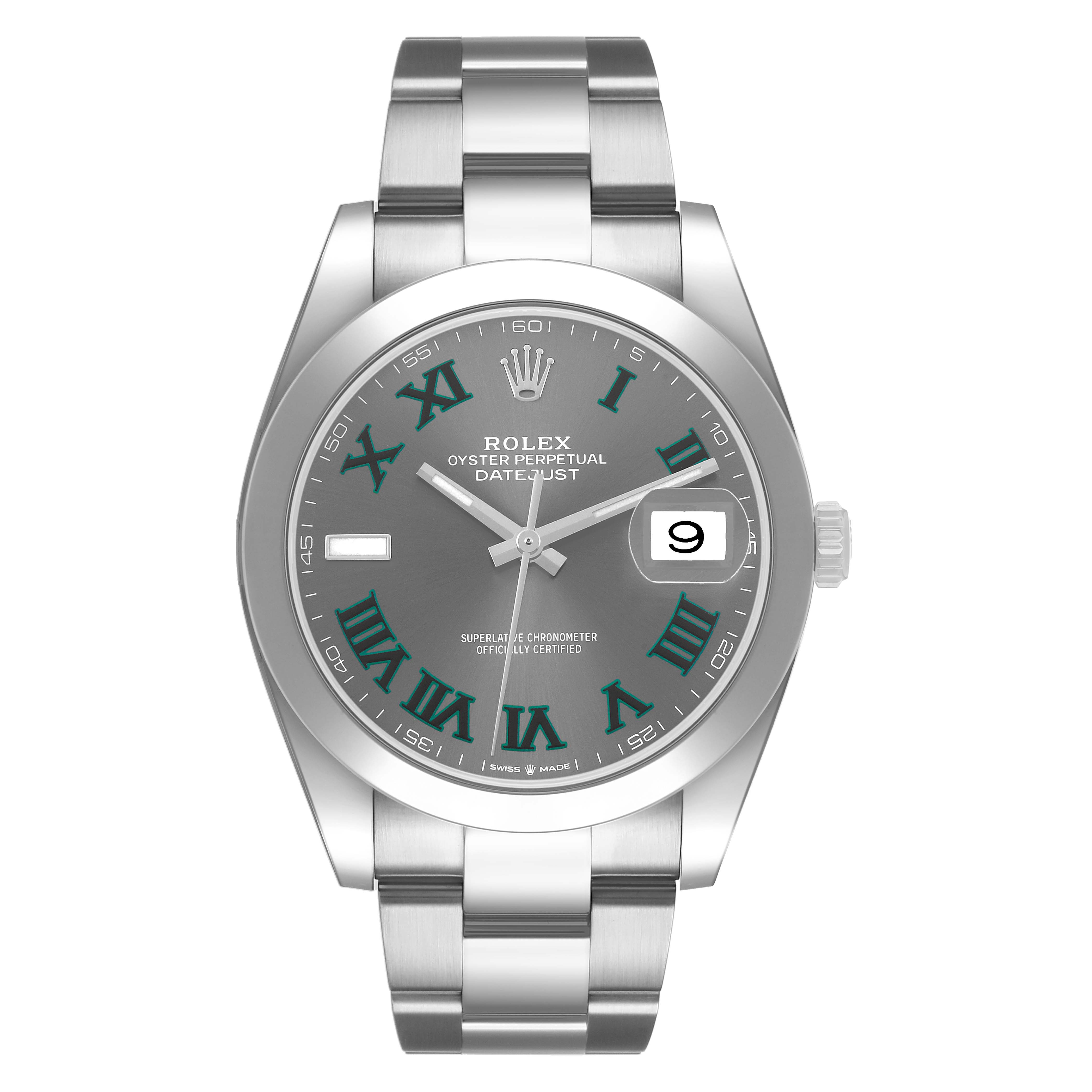 The Rolex Datejust 41 126300 Men's Stainless Steel Grey Dial is shown from the front, displaying the dial, bezel, bracelet, and date window.