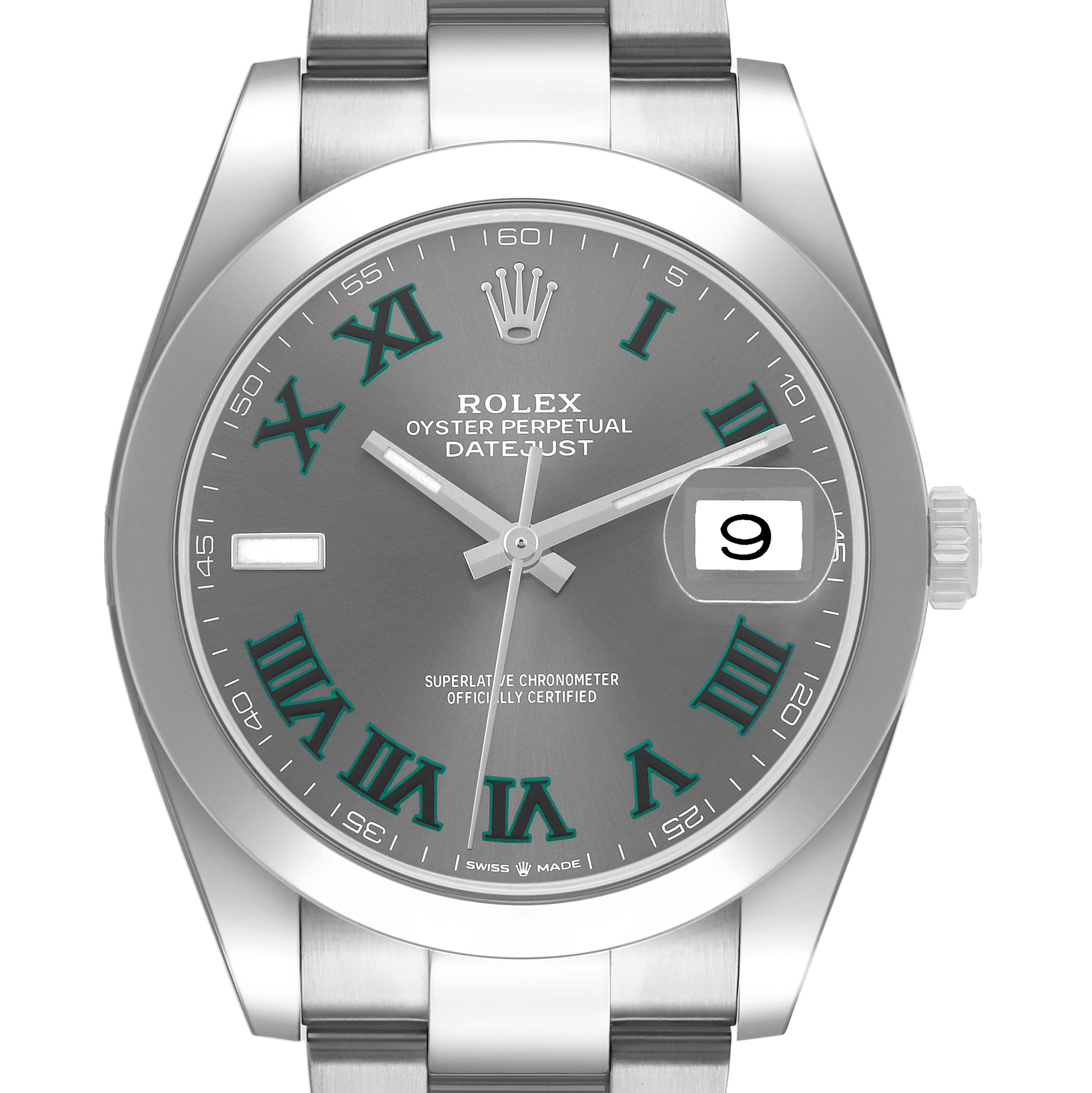 The Rolex Datejust 41 126300 Men's Stainless Steel Grey Dial watch is shown from a front angle, highlighting the dial, bezel, date window, and part of the bracelet.