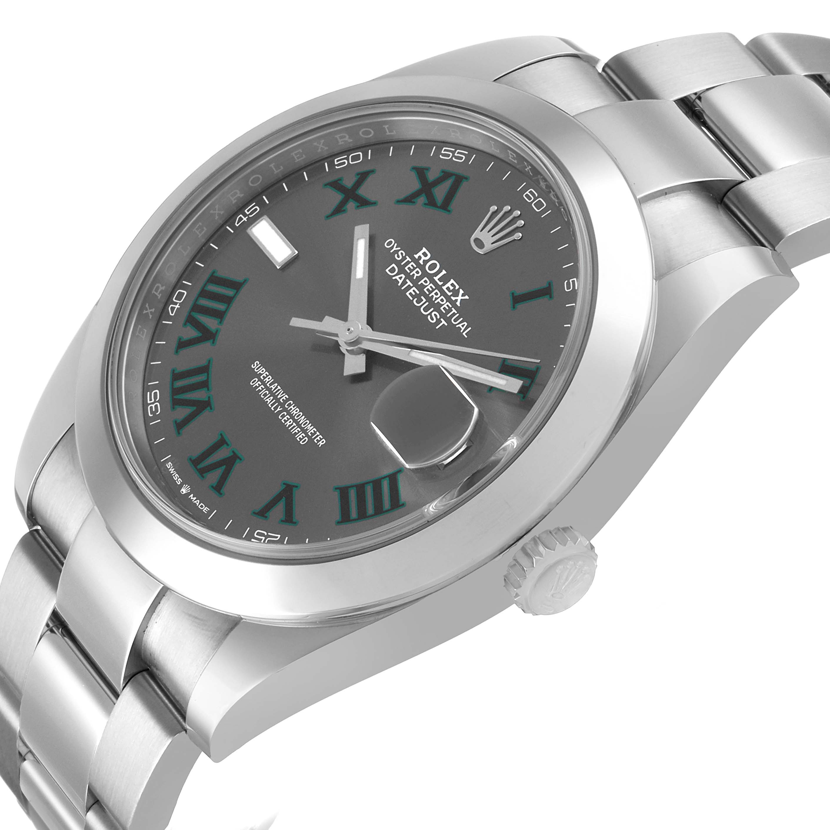 The Rolex Datejust 41 126300 Men's Stainless Steel Grey Dial watch is shown at a three-quarter angle, highlighting the dial, bezel, and bracelet.