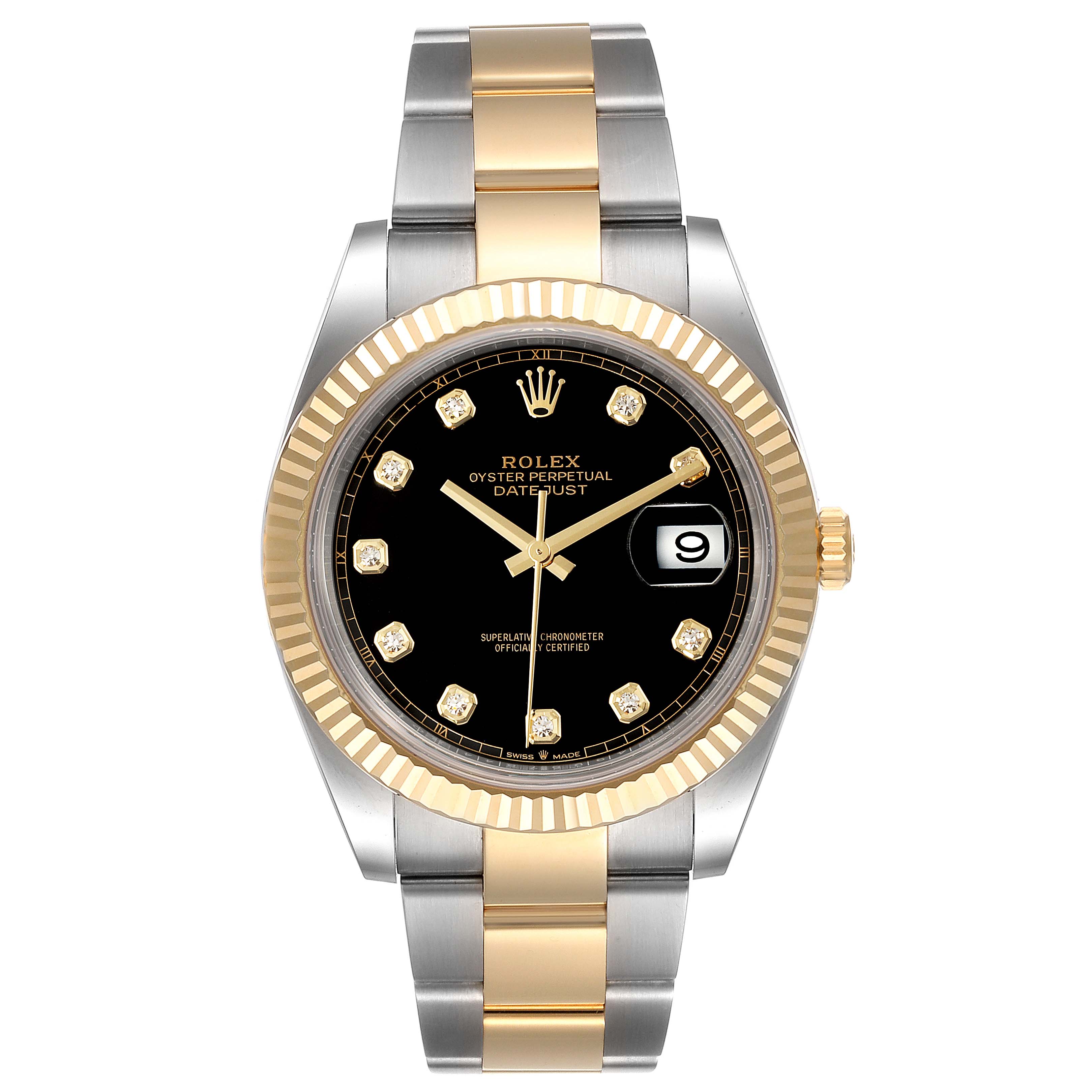 This image shows a front view of the Rolex Datejust 41 126333 Men's Steel and Gold (two tone) Black Dial 126333 Men's Steel and Gold (two tone) Black Dial watch with a black dial, gold bezel, and a two-tone bracelet.