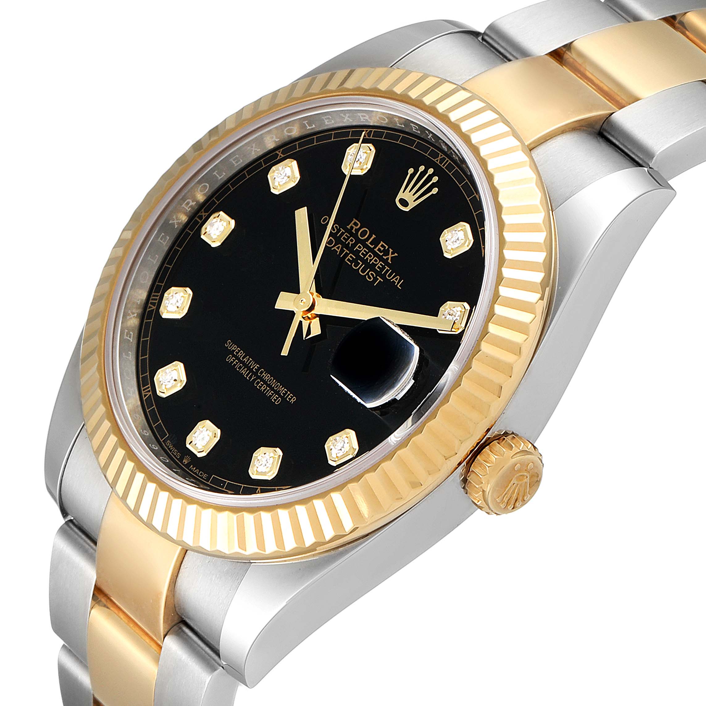 The image shows a side angle of a Rolex Datejust 41 126333 Men's Steel and Gold (two tone) Black Dial 126333 Men's Steel and Gold (two tone) Black Dial, highlighting its bezel, crown, and part of the bracelet.