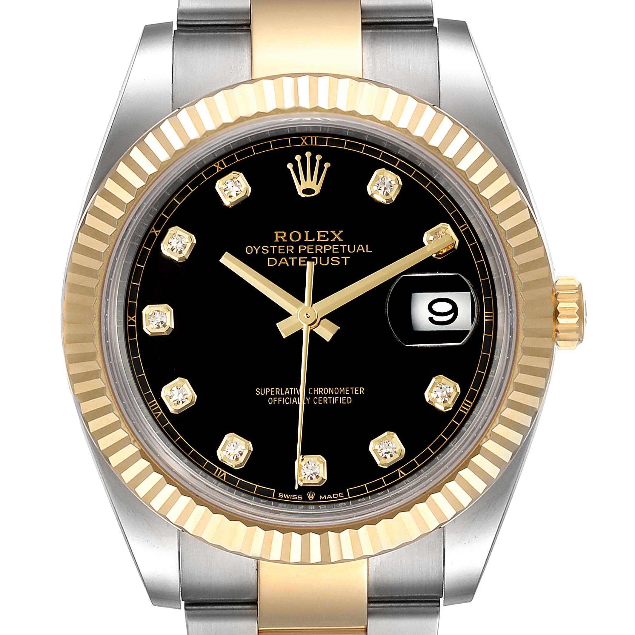 The Rolex Datejust 41 126333 Men's Steel and Gold (two tone) Black Dial 126333 Men's Steel and Gold (two tone) Black Dial model watch is shown from a front angle, displaying its dial, hands, date window, and part of the bracelet.