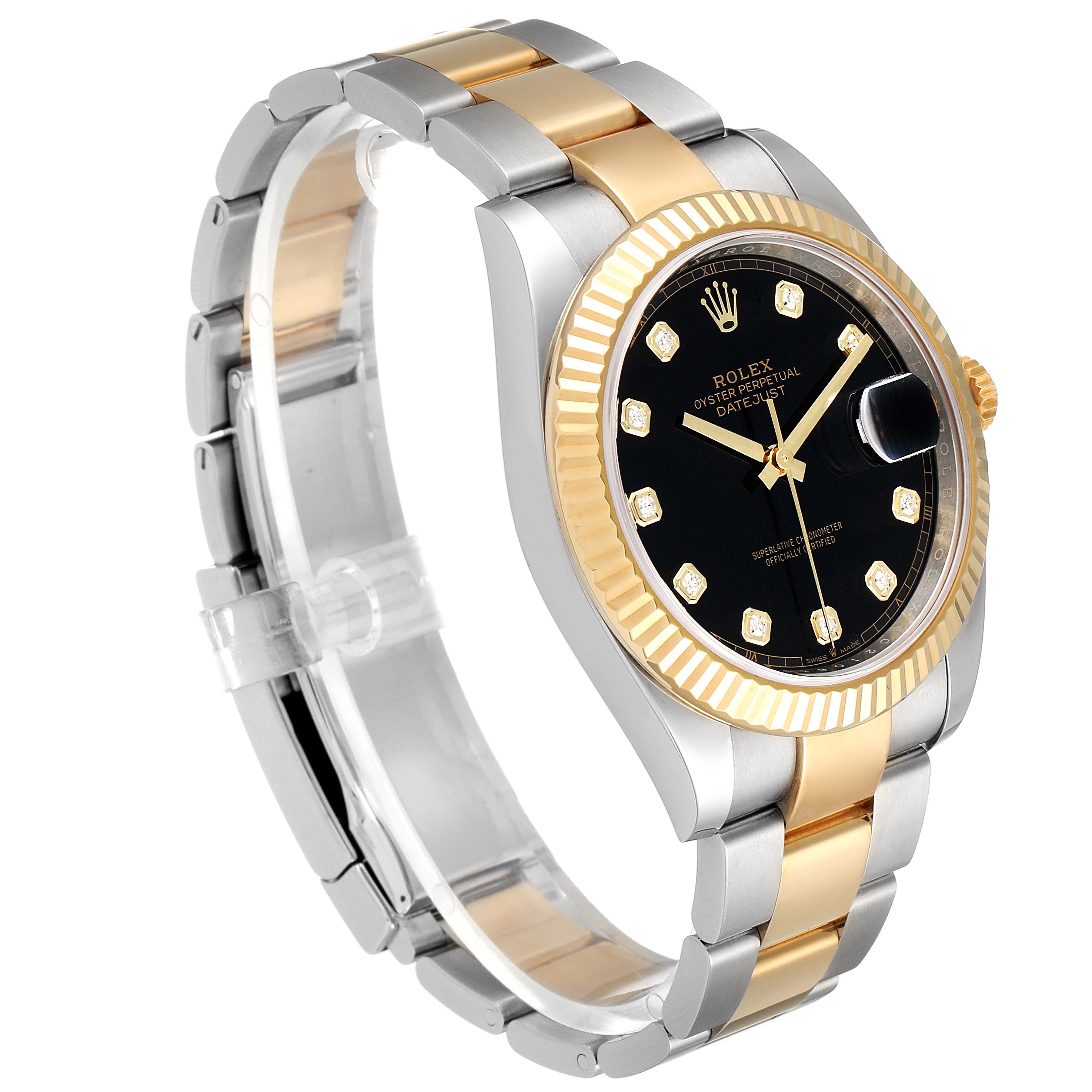 The Rolex Datejust 41 126333 Men's Steel and Gold (two tone) Black Dial 126333 Men's Steel and Gold (two tone) Black Dial watch is shown at an angled side view, highlighting the black dial, gold fluted bezel, and two-tone band.