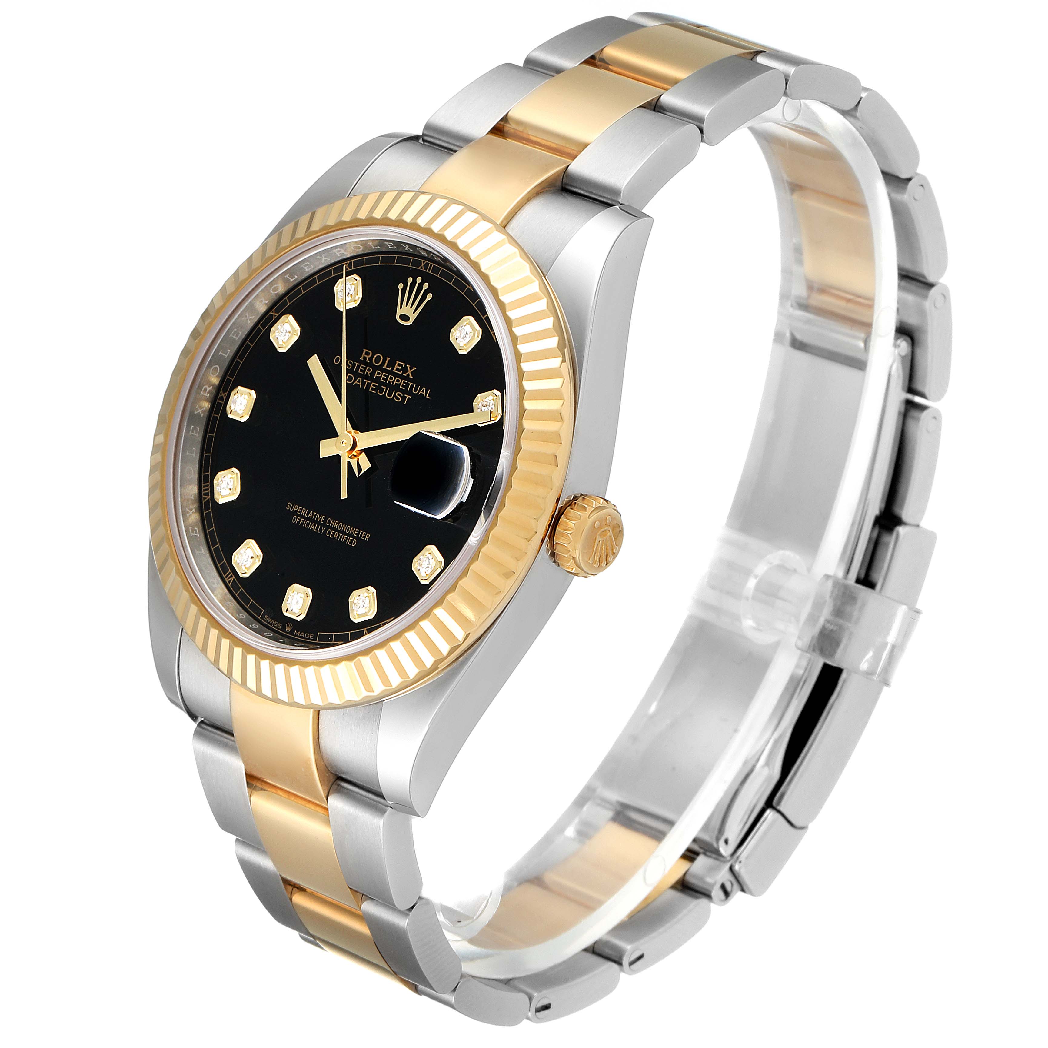 The image shows a Rolex Datejust 41 126333 Men's Steel and Gold (two tone) Black Dial 126333 Men's Steel and Gold (two tone) Black Dial model watch from a side angle, highlighting the black dial, gold fluted bezel, and two-tone bracelet.