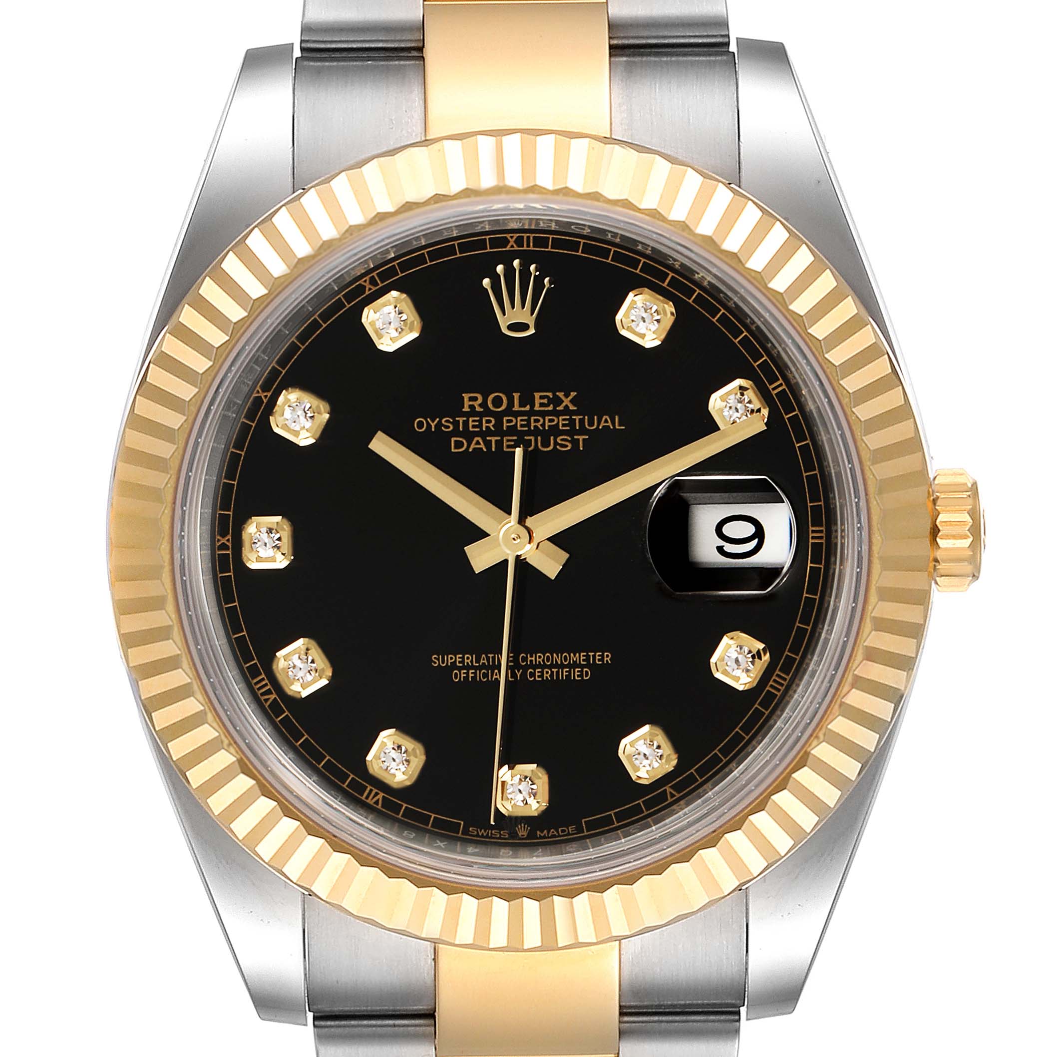 The close-up image shows the face, bezel, and part of the bracelet of the Rolex Datejust 41 126333 Men's Steel and Gold (two tone) Black Dial 126333 Men's Steel and Gold (two tone) Black Dial watch.