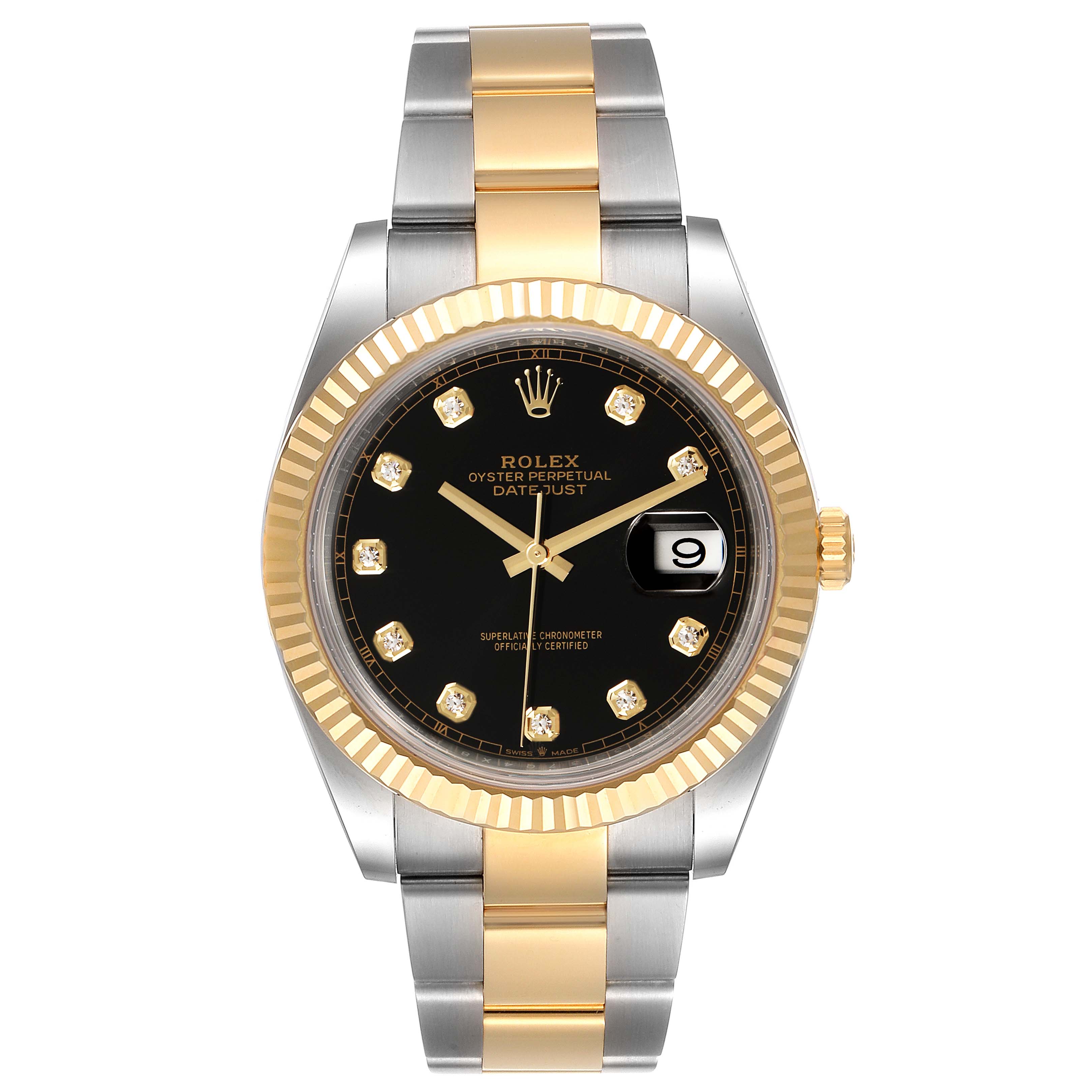 This is a front view of the Rolex Datejust 41 126333 Men's Steel and Gold (two tone) Black Dial 126333 Men's Steel and Gold (two tone) Black Dial watch, showcasing the dial, bezel, case, and bracelet.
