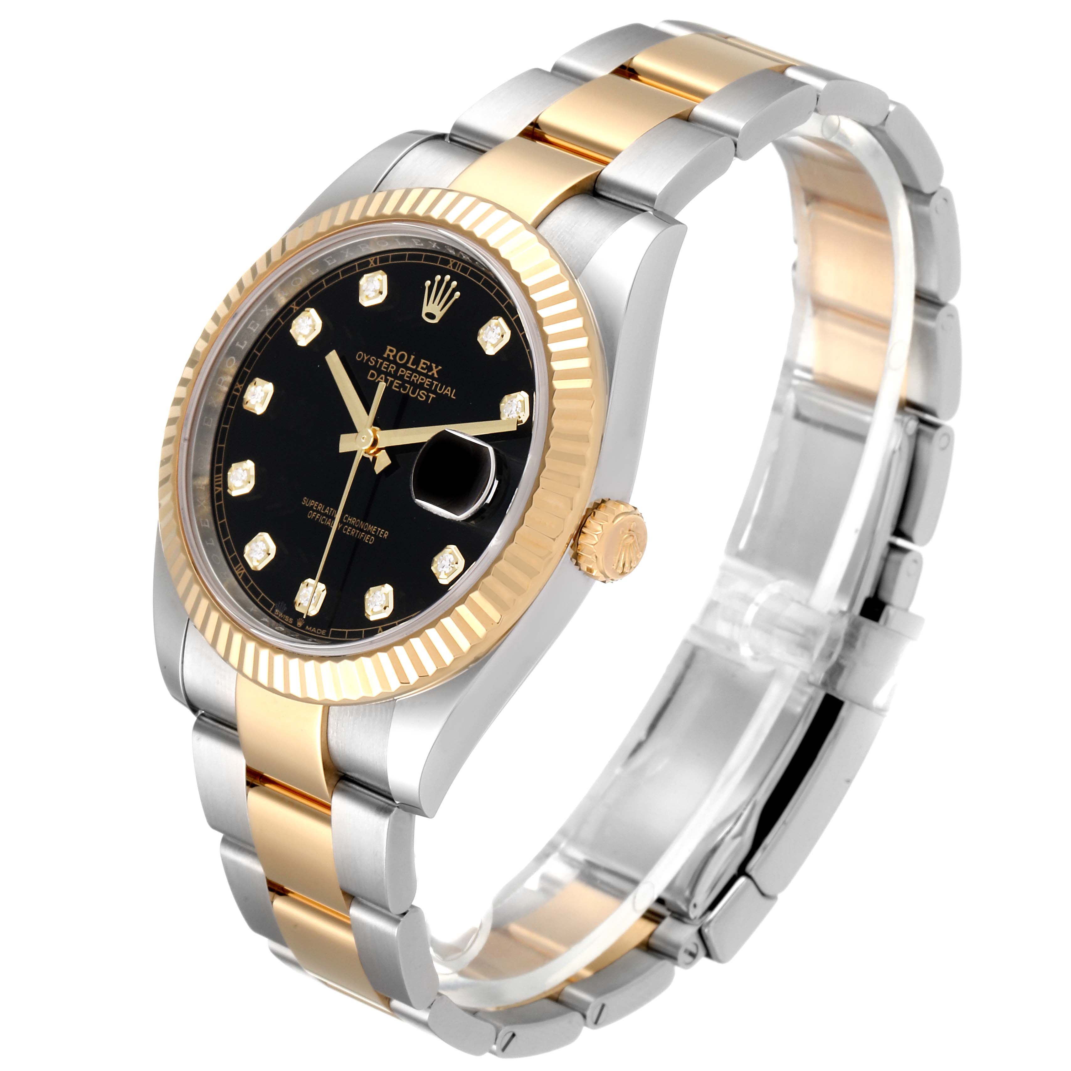 The image shows a side view of a Rolex Datejust 41 126333 Men's Steel and Gold (two tone) Black Dial 126333 Men's Steel and Gold (two tone) Black Dial watch, highlighting its two-tone bracelet, fluted bezel, and black dial.