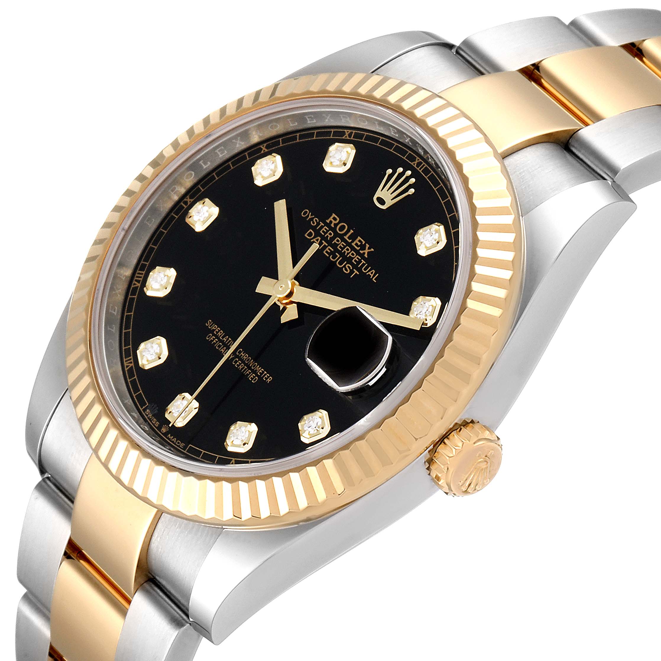 The Rolex Datejust 41 126333 Men's Steel and Gold (two tone) Black Dial 126333 Men's Steel and Gold (two tone) Black Dial watch is shown at a slight angle, highlighting its black dial, gold markers, fluted bezel, and two-tone bracelet.