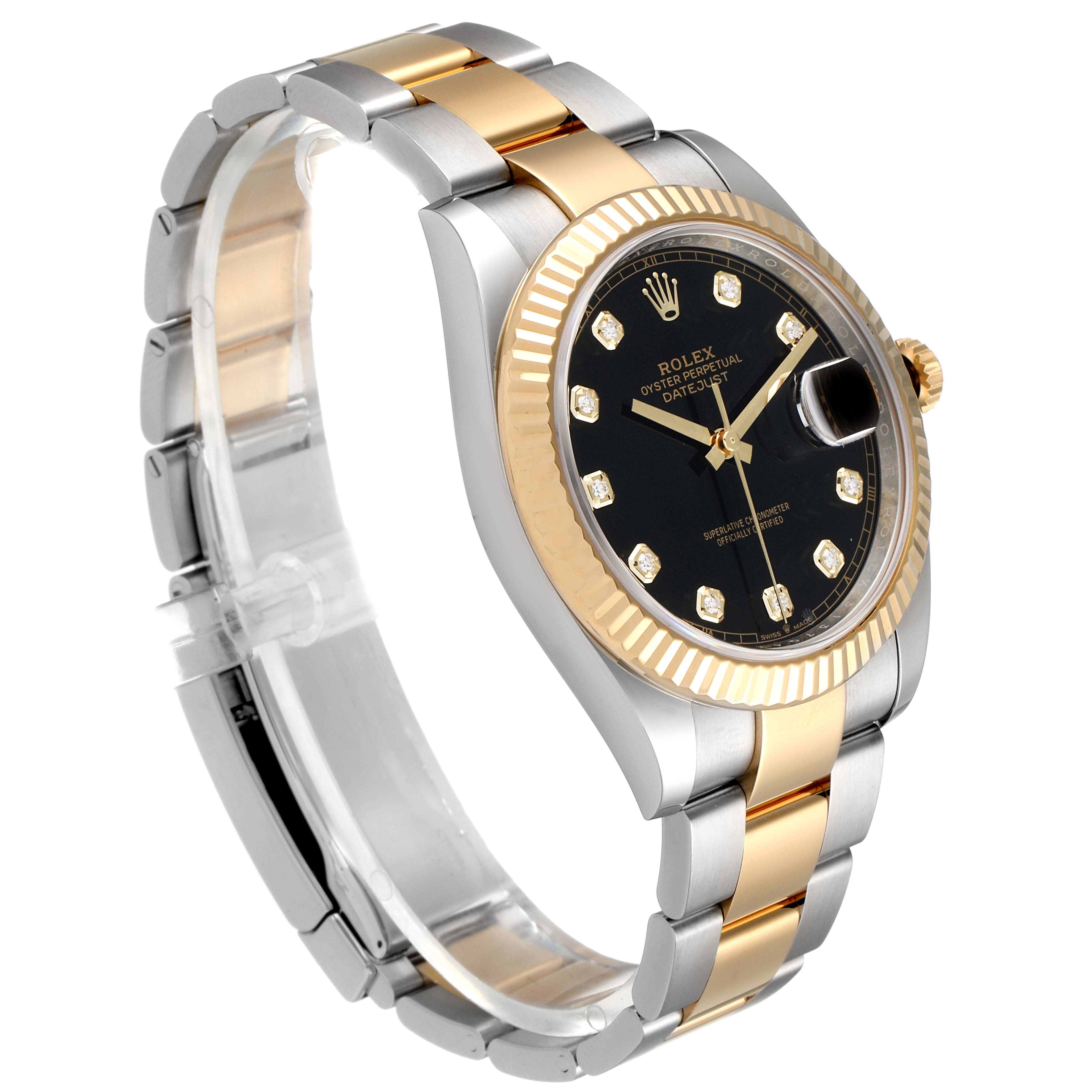 This Rolex Datejust 41 126333 Men's Steel and Gold (two tone) Black Dial 126333 Men's Steel and Gold (two tone) Black Dial watch is shown at a three-quarter angle, highlighting the black dial, fluted bezel, and two-tone bracelet.