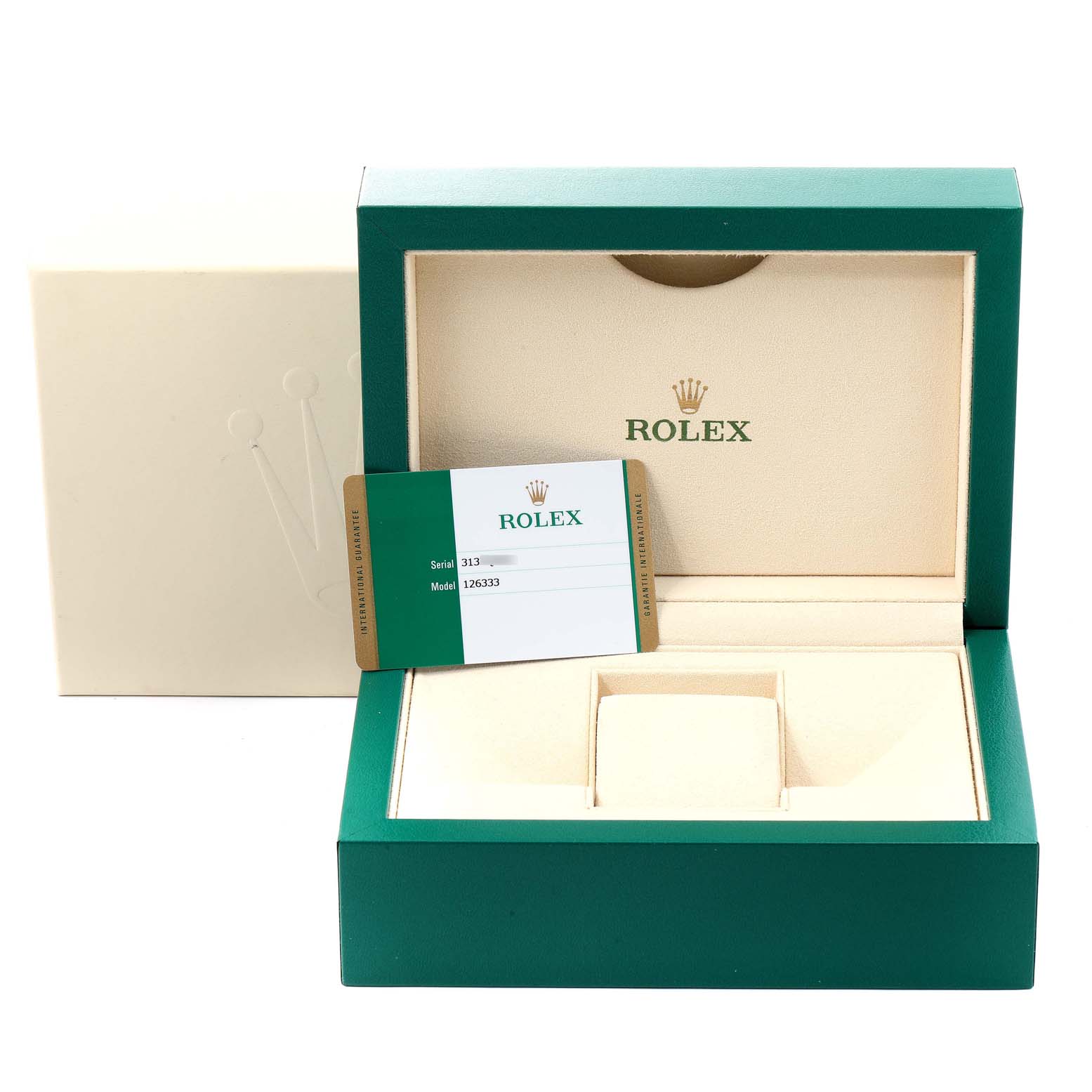 The image shows a green Rolex Datejust 41 126333 Men's Steel and Gold (two tone) Black Dial 126333 Men's Steel and Gold (two tone) Black Dial box and warranty card placed in an upright position inside the open box.