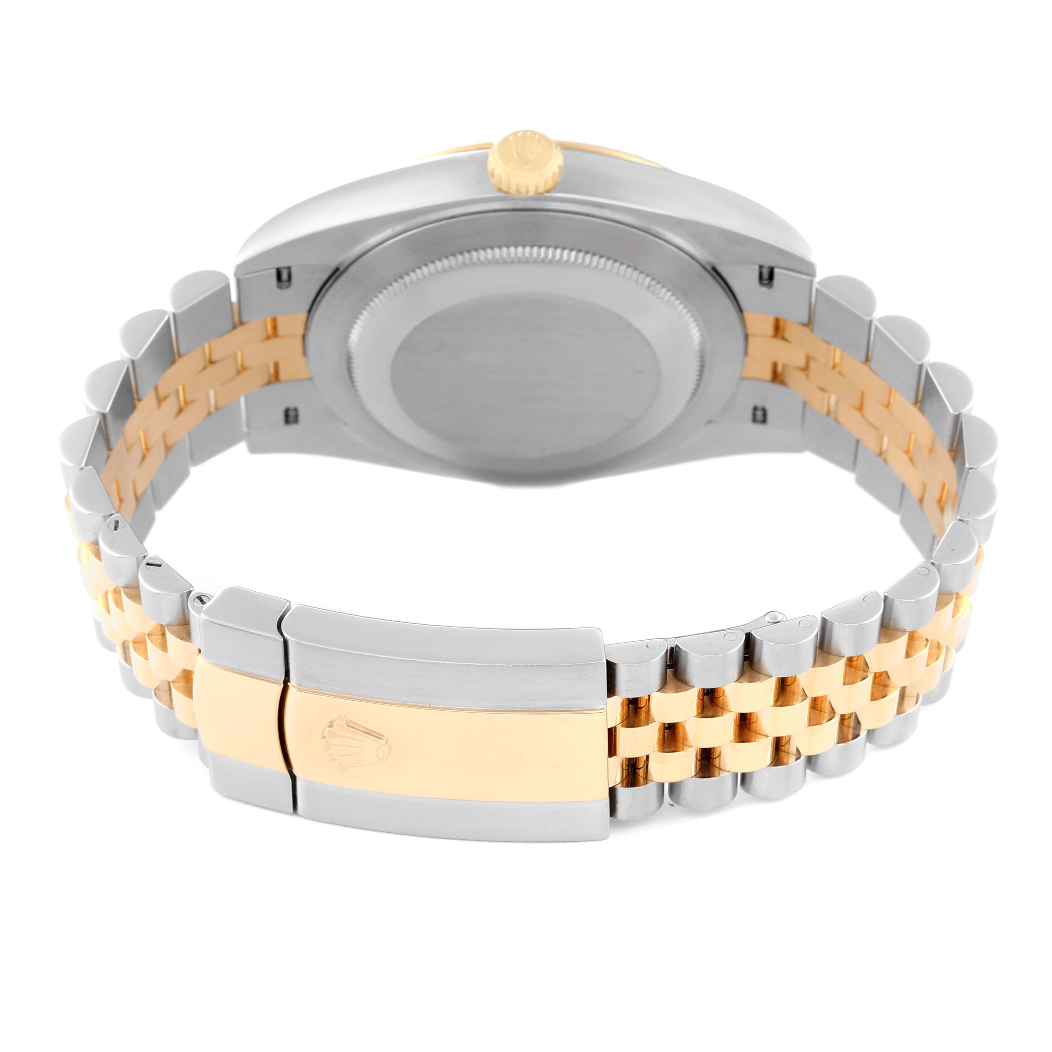 This image shows the back of a Rolex Datejust 41 126333 Men's Steel and Gold (two tone) Silver Dial 126333 Men's Steel and Gold (two tone) Silver Dial watch focusing on its two-tone bracelet and clasp.